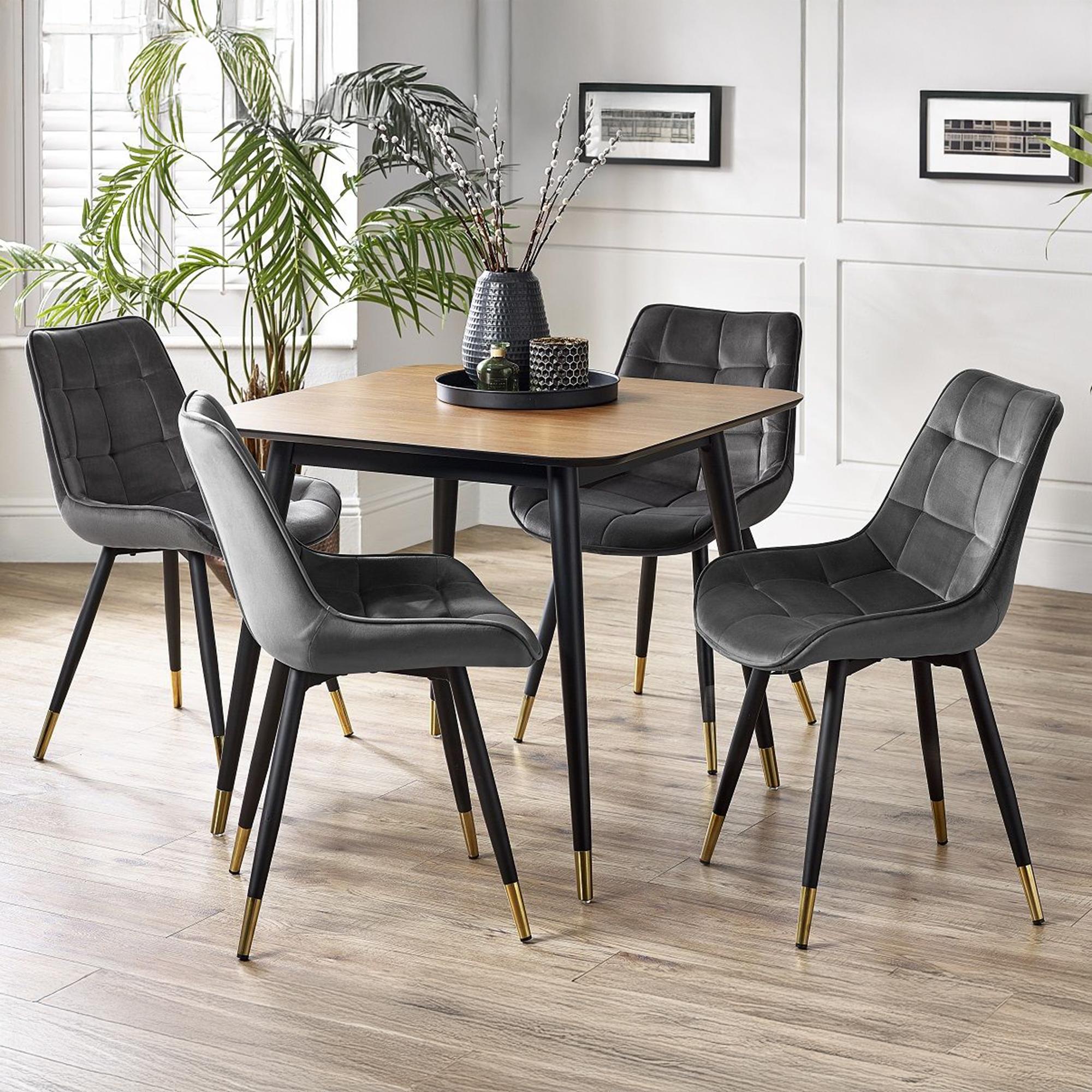 Findlay Dining Set - Walnut - 4 Seater - 90cm - Square - 4 Hadid Grey Chairs