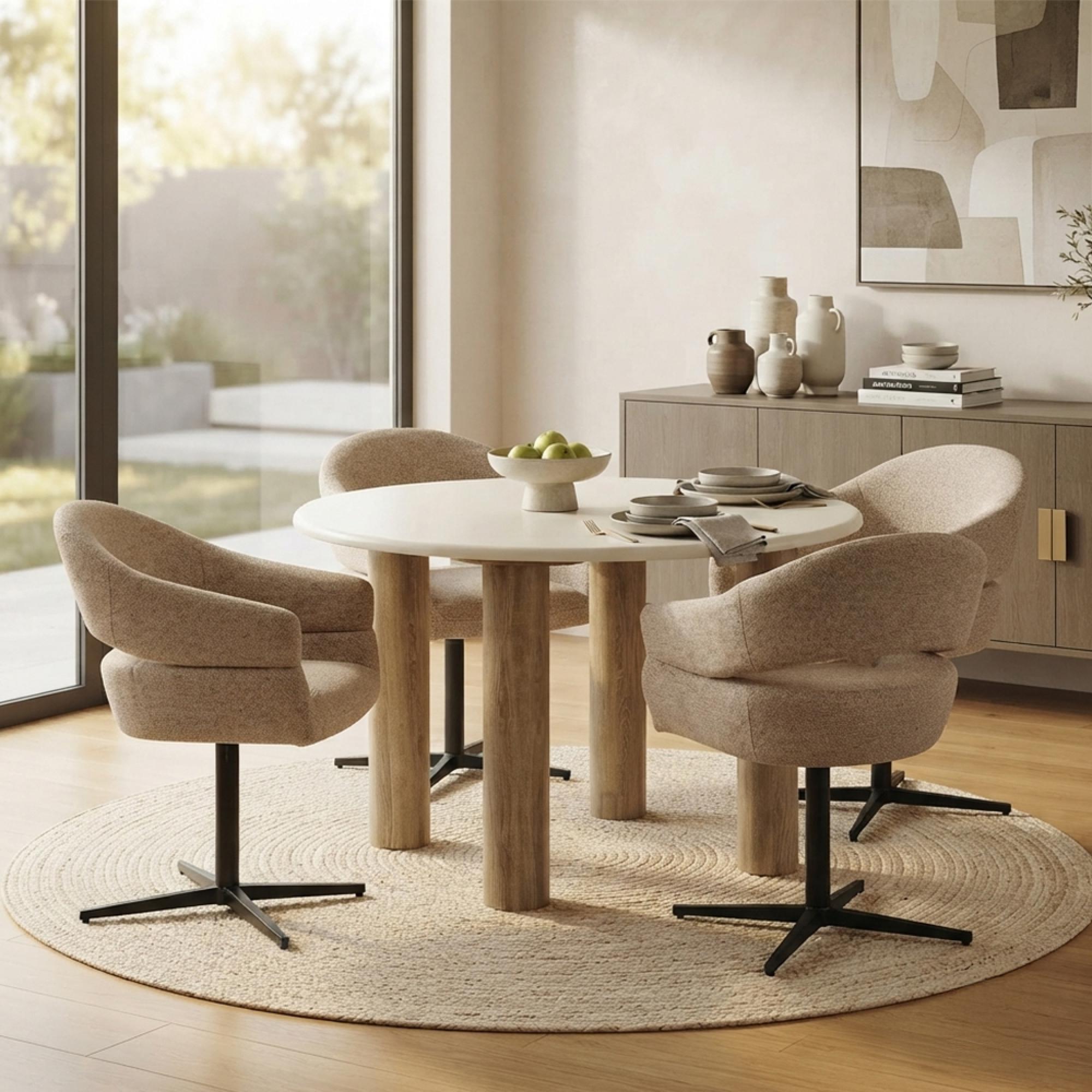 Fondi Dining Set - 120cm - Round - Sand and Brown - 4 Dover Swivel Chairs