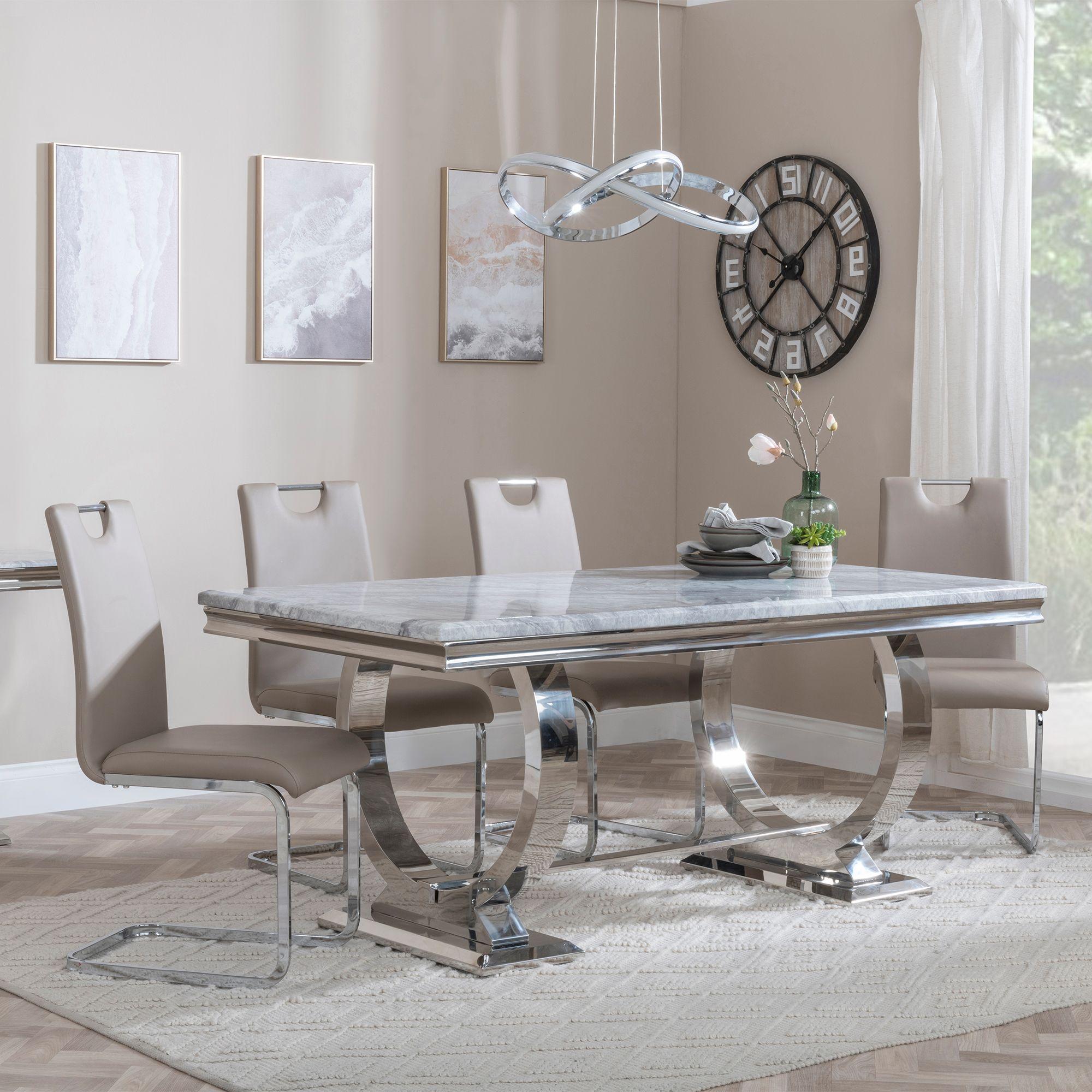 Glacier Dining Set - 6 Seater - 180cm - Grey Marble & Chrome - Bianco Dining Chairs - Beige Faux Leather
