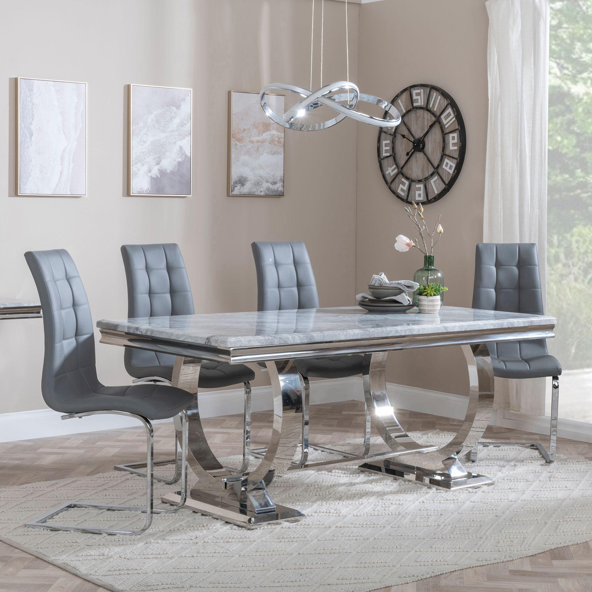 Glacier Dining Set - 6 Seater - 180cm - Grey Marble & Chrome - Jamison Dining Chairs - Grey Faux Leather