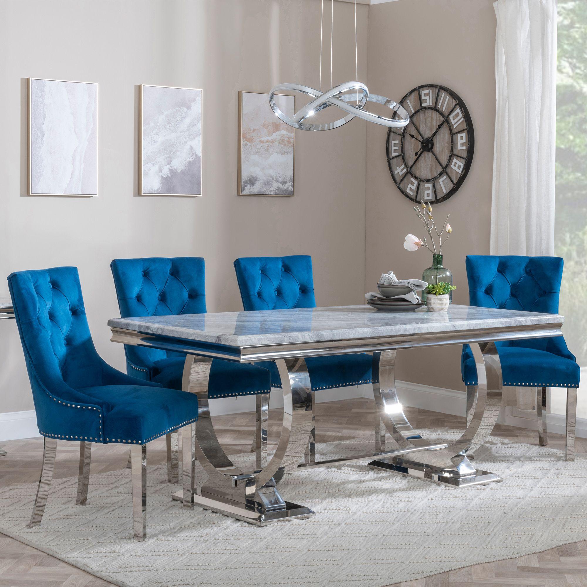 Glacier Dining Set - 6 Seater - 180cm - Grey Marble & Chrome - Knocker Back Dining Chairs - Blue Velvet Fabric - Chrome Legs