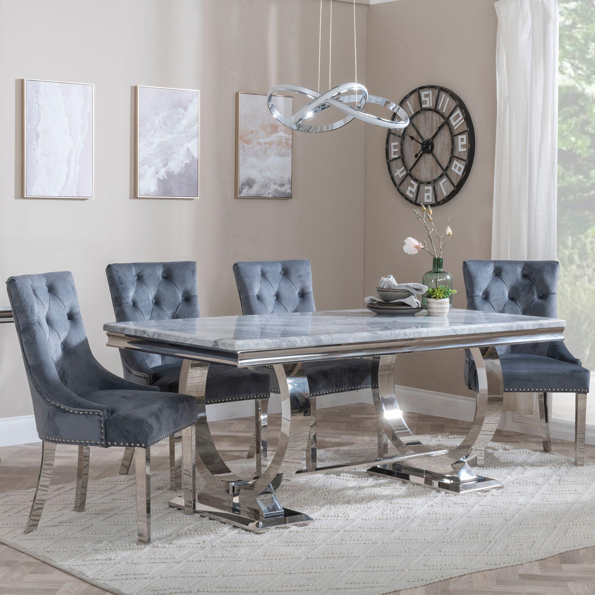 Glacier Dining Set - 6 Seater - 180cm - Grey Marble & Chrome - Knocker Back Dining Chairs - Grey Velvet Fabric - Chrome Legs