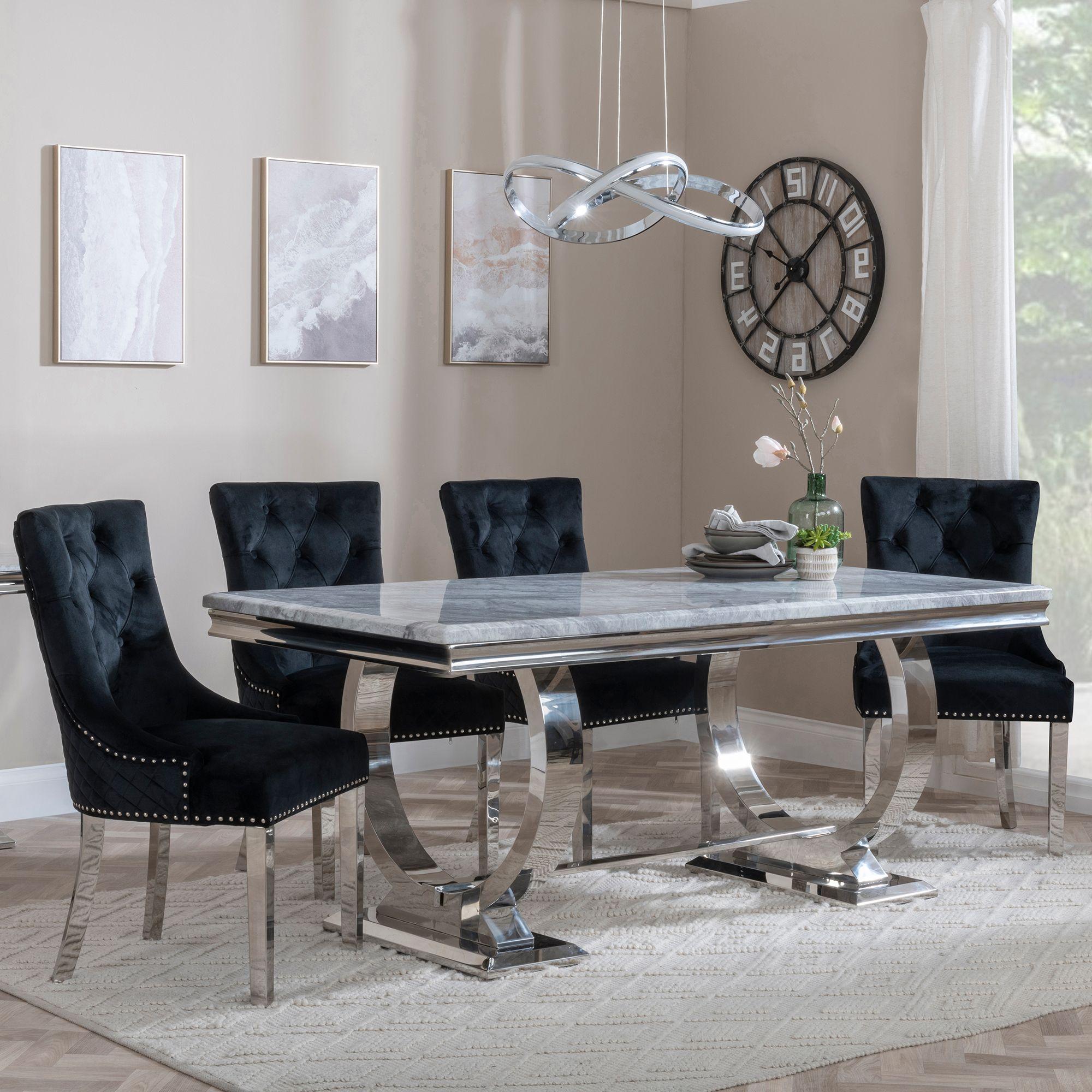 Glacier Dining Set - 6 Seater - 180cm - Grey Marble & Chrome - Lion Knocker Back Dining Chairs - Black Velvet Fabric - Chrome Legs