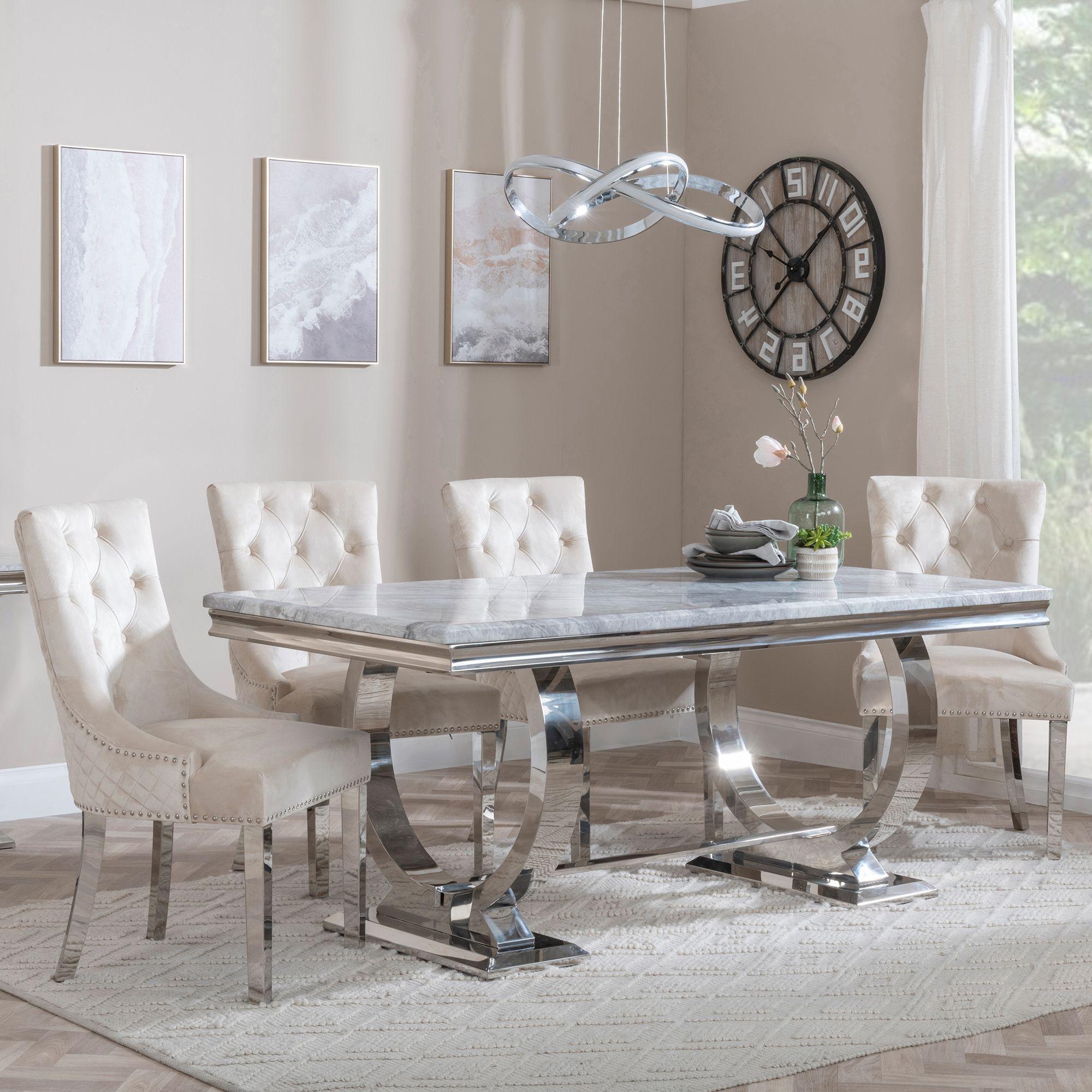 Glacier Dining Set - 6 Seater - 180cm - Grey Marble & Chrome - Lion Knocker Back Dining Chairs - Champagne Velvet Fabric - Chrome Legs