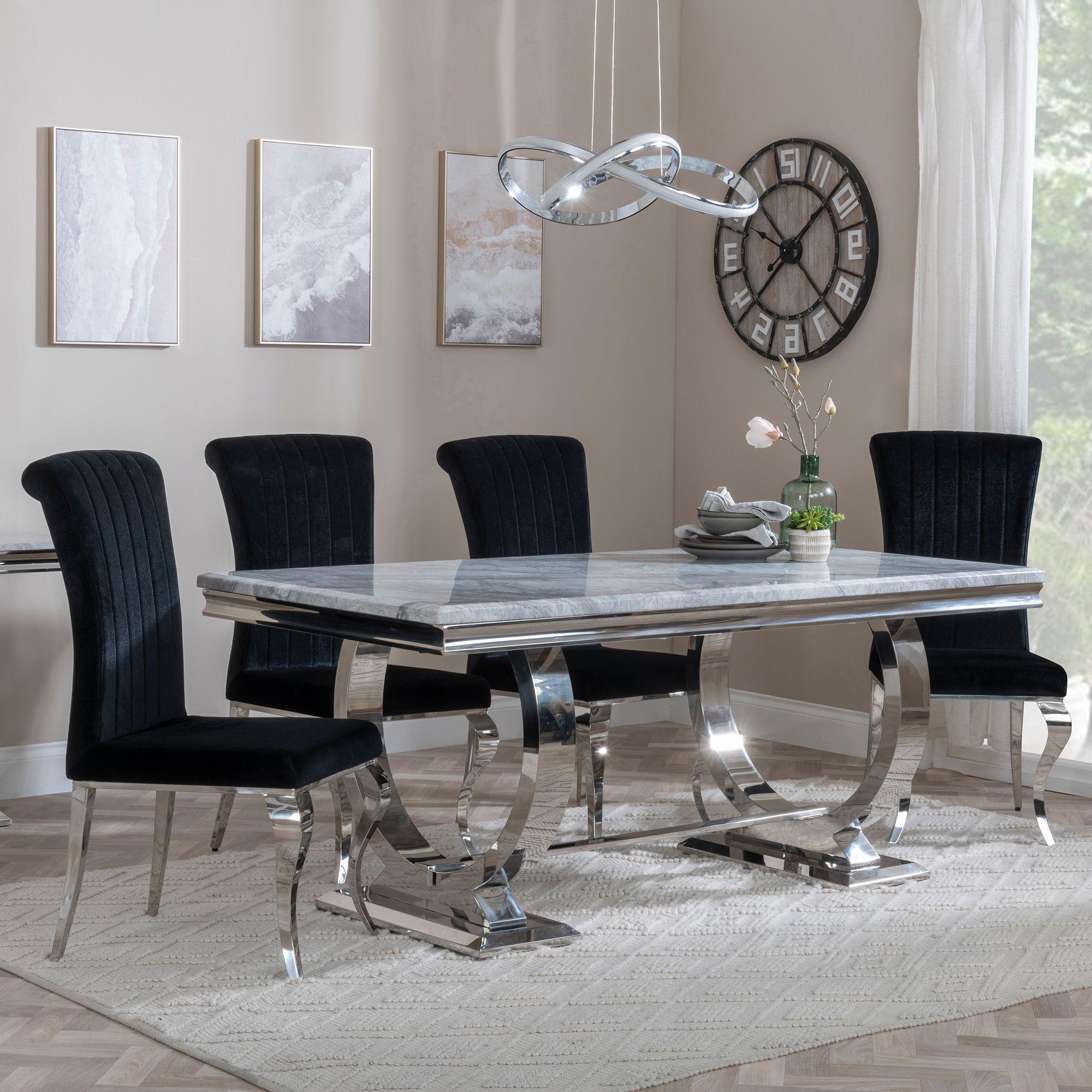 Glacier Dining Set - 6 Seater - 180cm - Grey Marble & Chrome - Louis Dining Chairs - Black Velvet Fabric