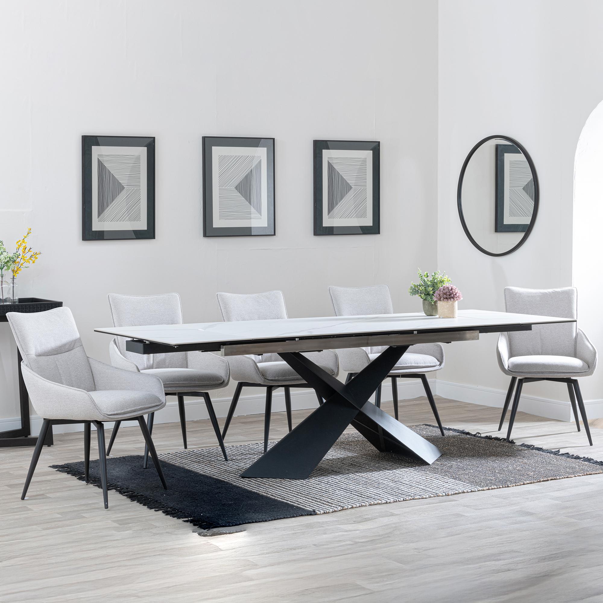 Hayden Dining Set - 6-12 Seater - 160cm-240cm - White Ceramic - Extending - Ace Swivel Dining Chairs - Beige Fabric