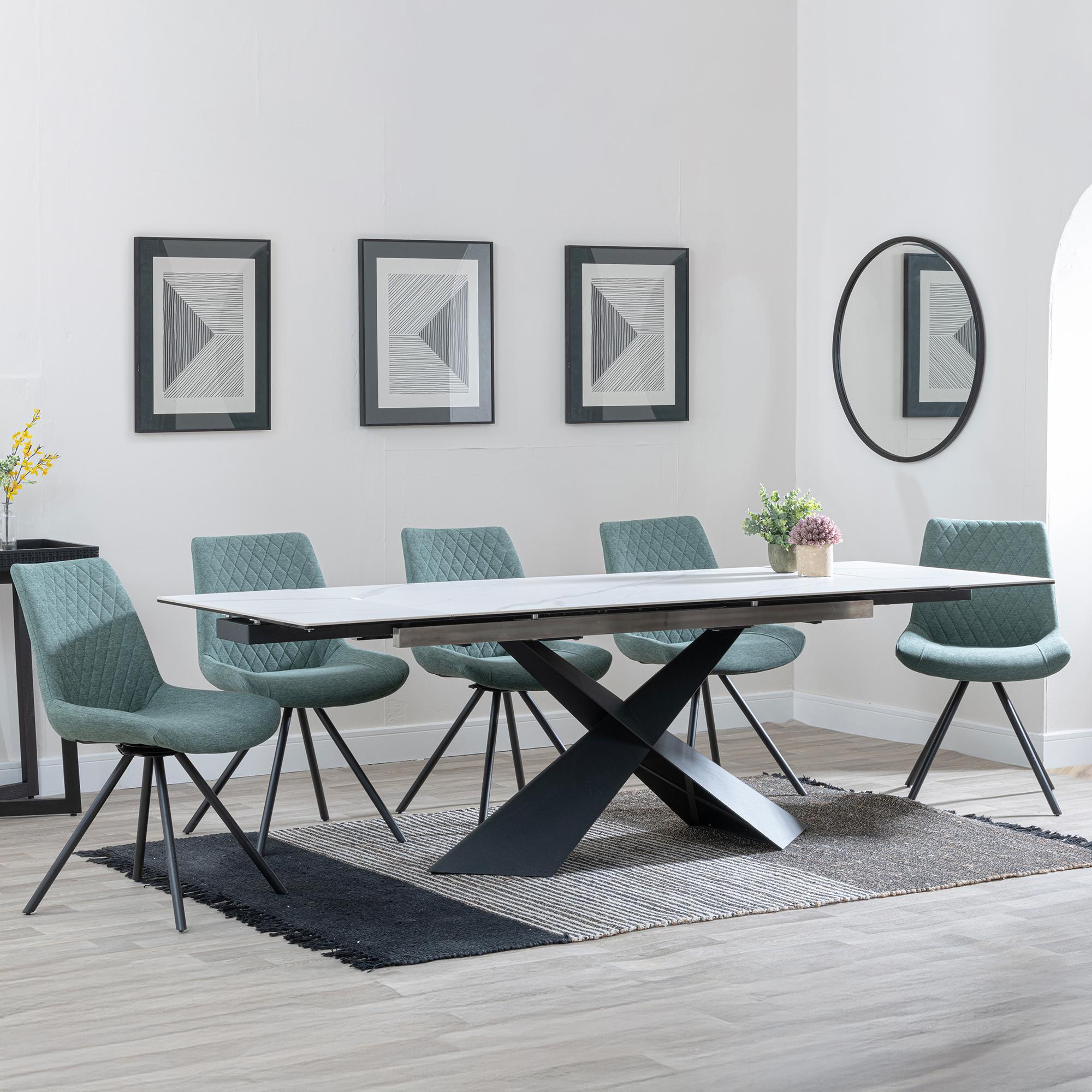 Hayden Dining Set - 6-12 Seater - 160cm-240cm - White Ceramic - Extending - Boden Swivel Dining Chairs - Green Fabric