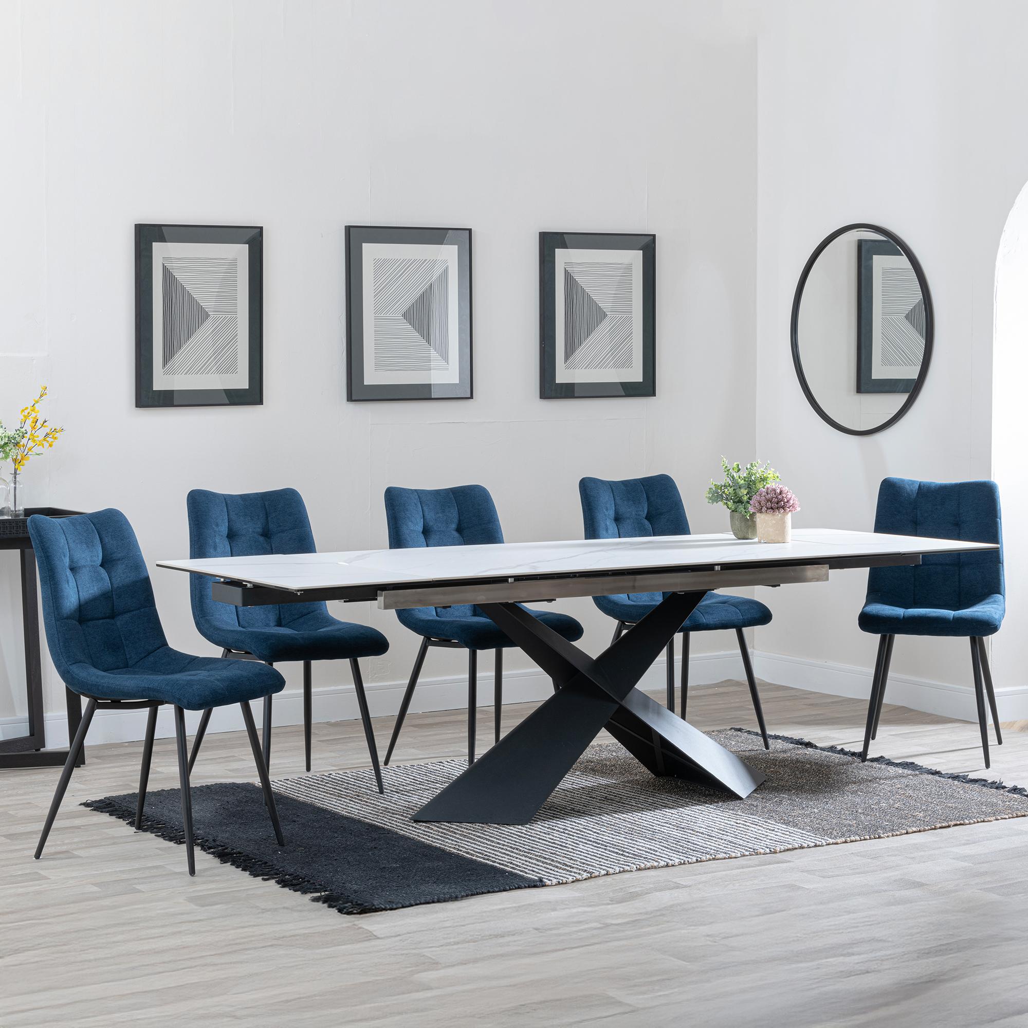 Hayden Dining Set - 6-12 Seater - 160cm-240cm - White Ceramic - Extending - Corona Dining Chairs - Blue Fabric