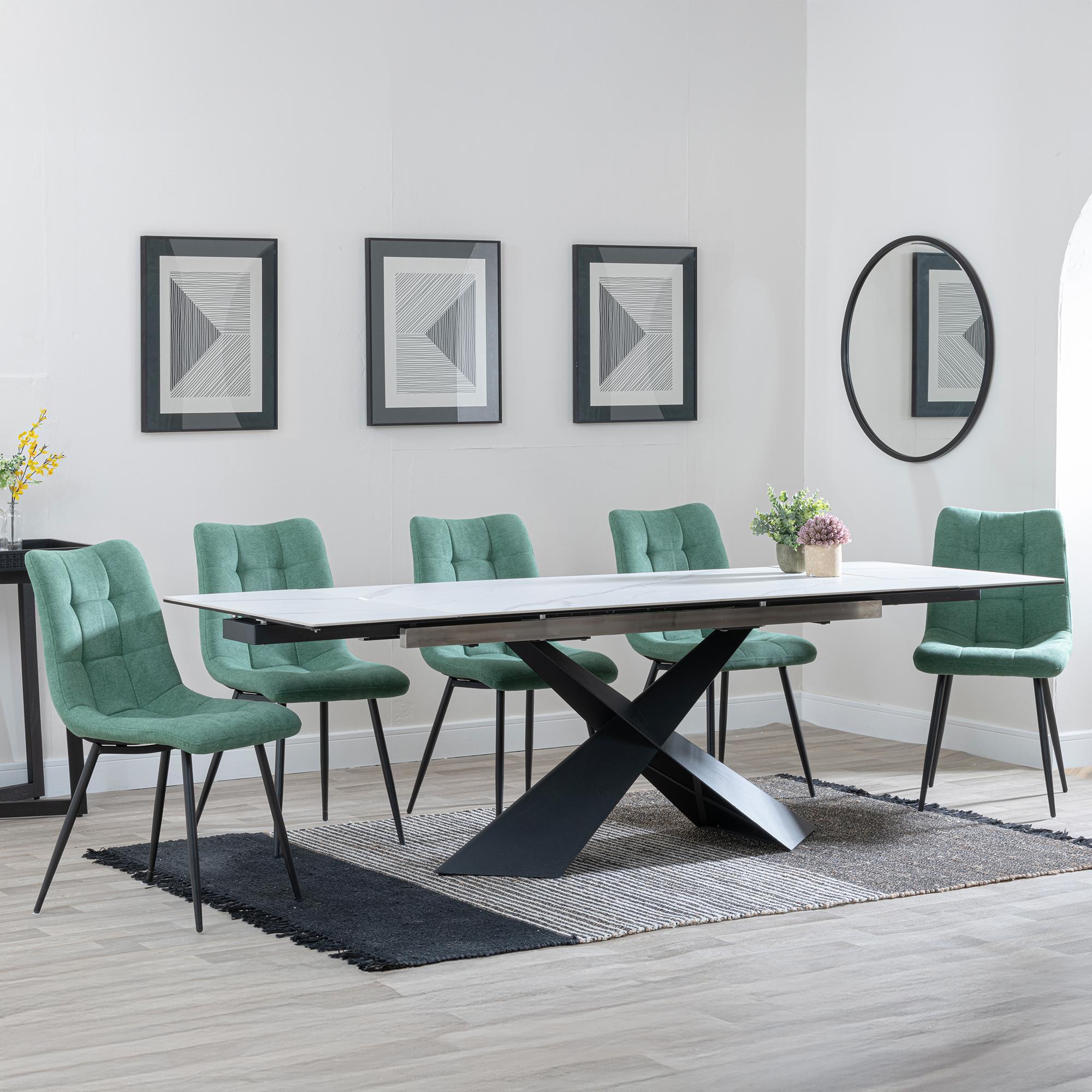 Hayden Dining Set - 6-12 Seater - 160cm-240cm - White Ceramic - Extending - Corona Dining Chairs - Green Fabric