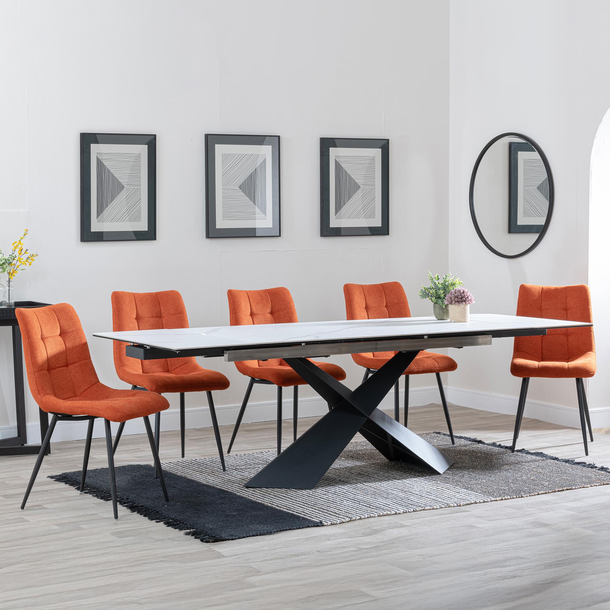 Hayden Dining Set - 6-12 Seater - 160cm-240cm - White Ceramic - Extending - Corona Dining Chairs - Orange Fabric