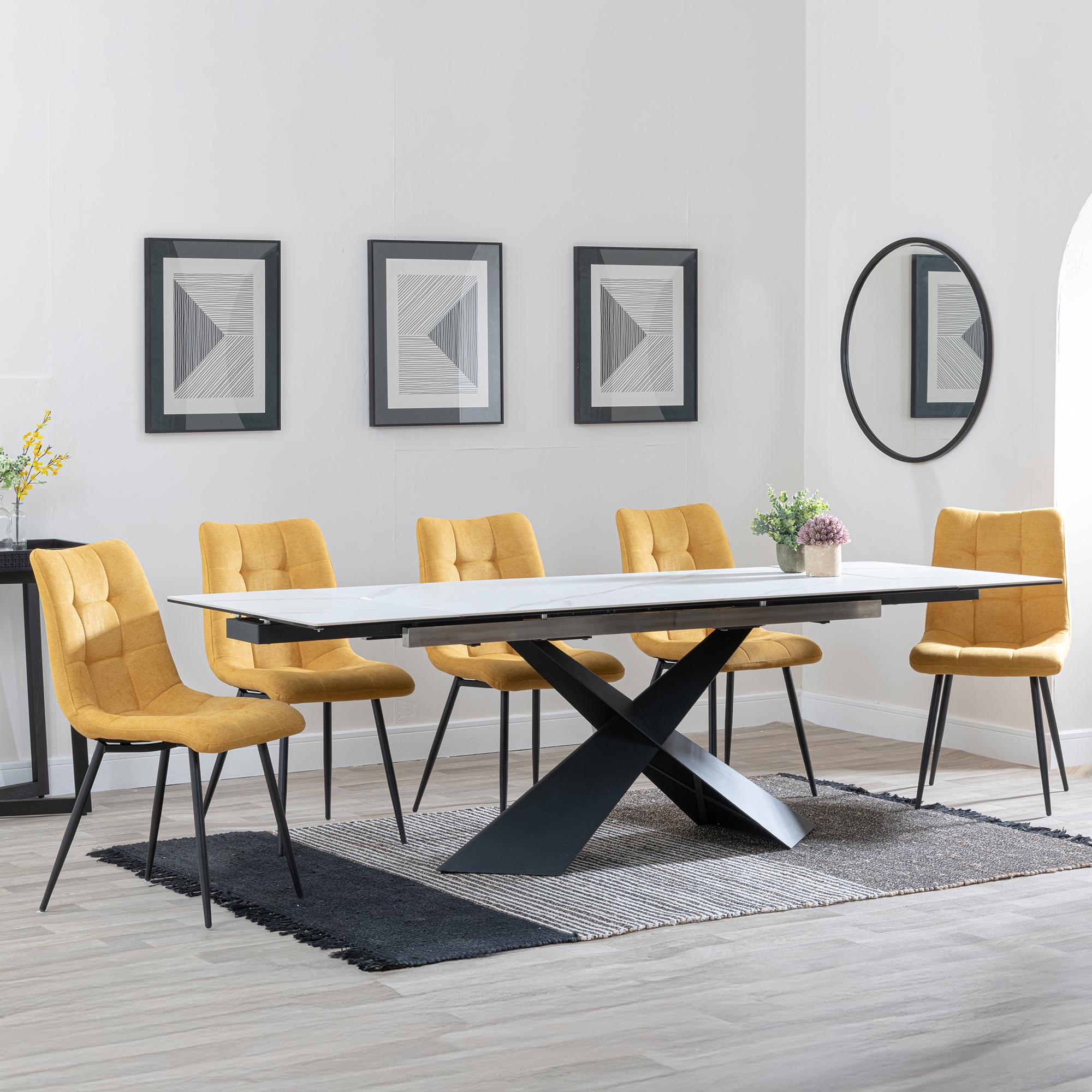 Hayden Dining Set - 6-12 Seater - 160cm-240cm - White Ceramic - Extending - Corona Dining Chairs - Yellow Fabric