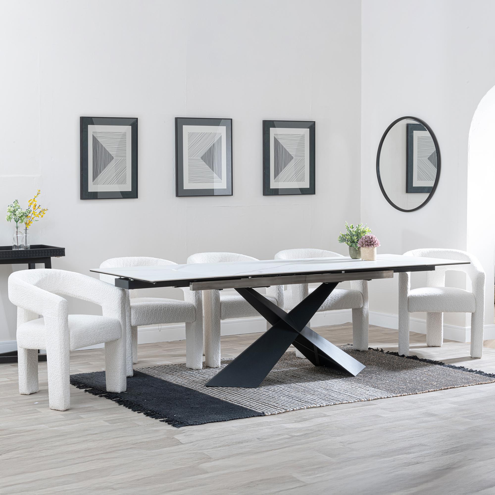 Hayden Dining Set - 6-12 Seater - 160cm-240cm - White Ceramic - Extending - Kiefer Dining Chairs - Cream Boucle Fabric