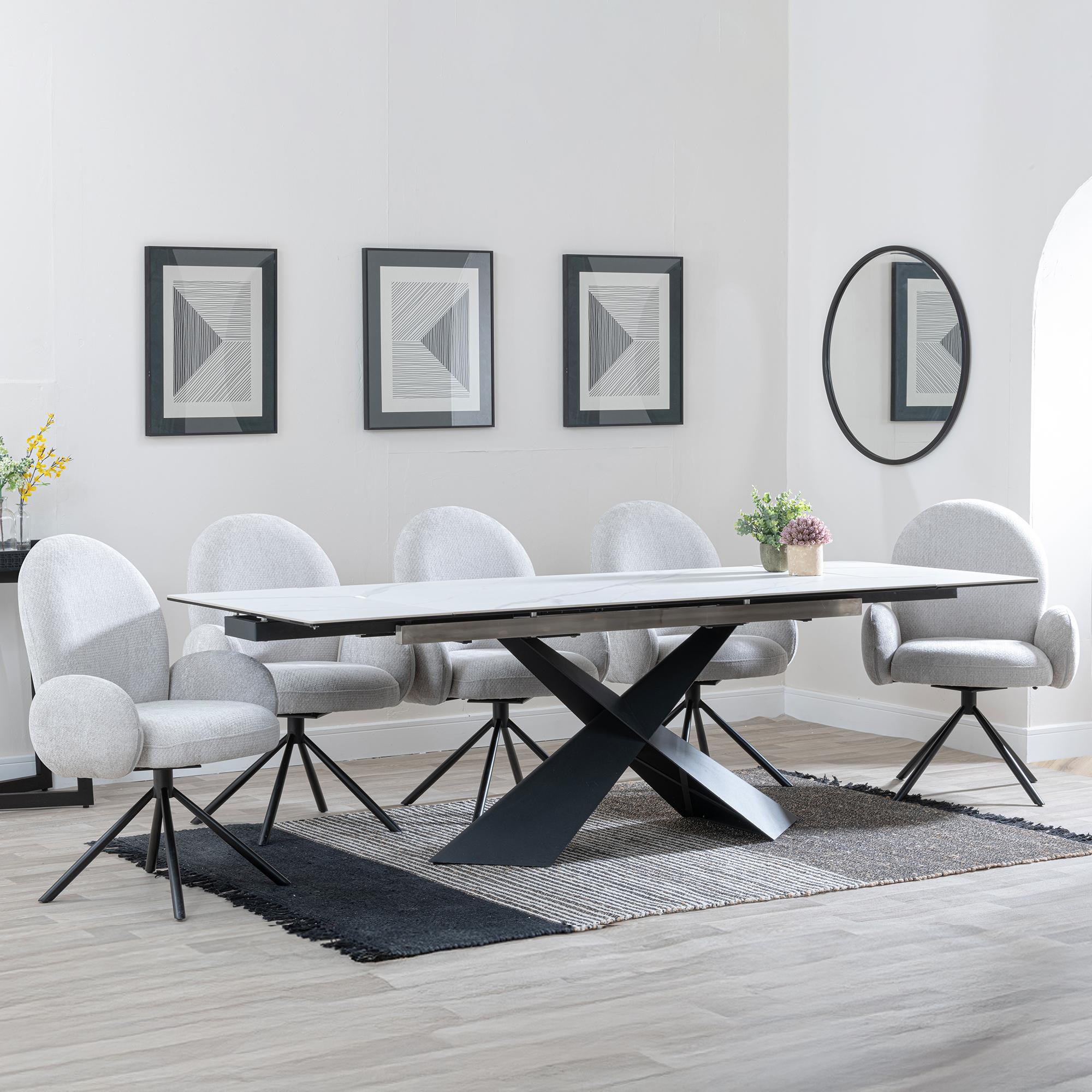 Hayden Dining Set - 6-12 Seater - 160cm-240cm - White Ceramic - Extending - Theo Swivel Dining Chairs - Grey Fabric