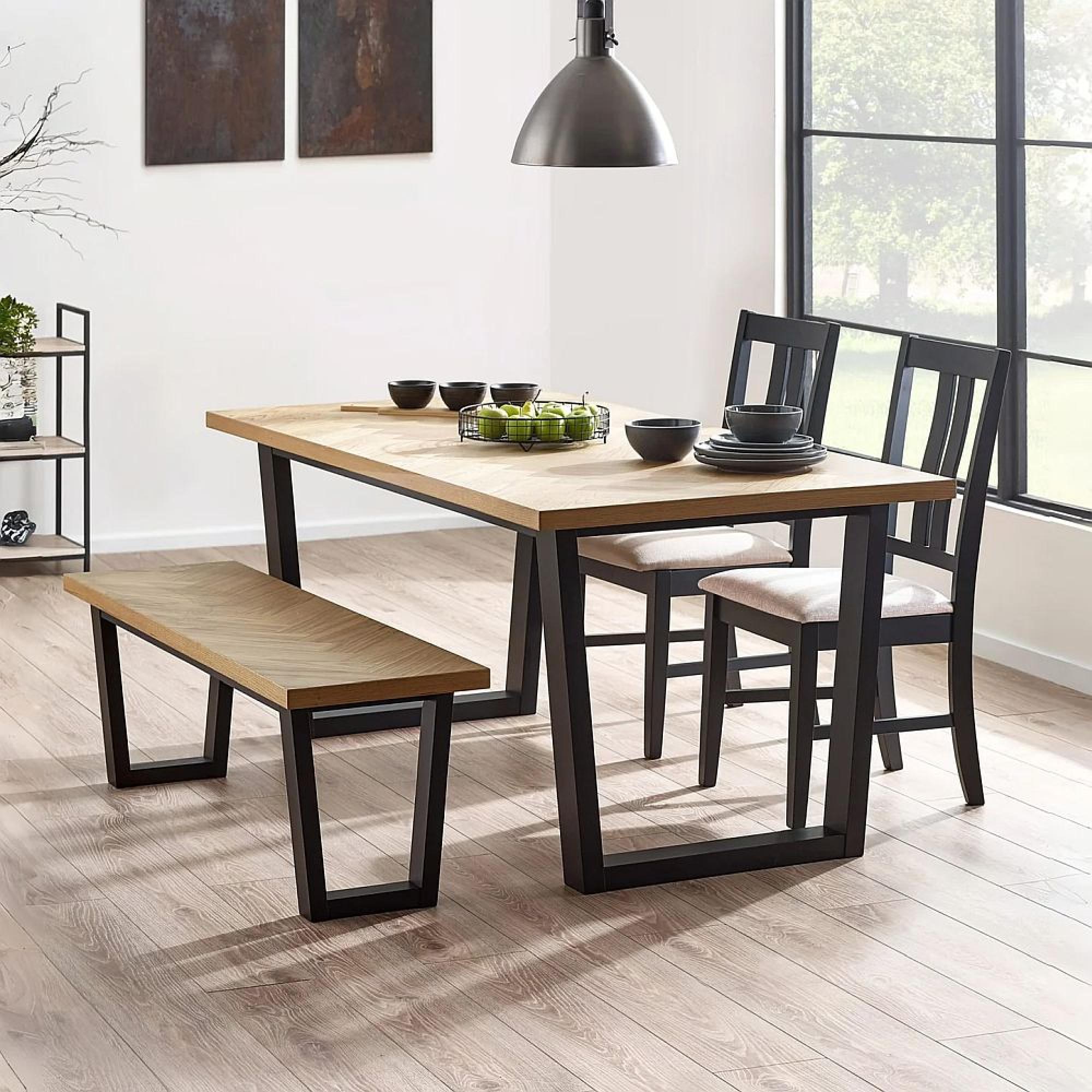 Hilton Dining Set - 180cm - 6 Seater - Herringbone - 2 Chairs & 1 Bench - Oak