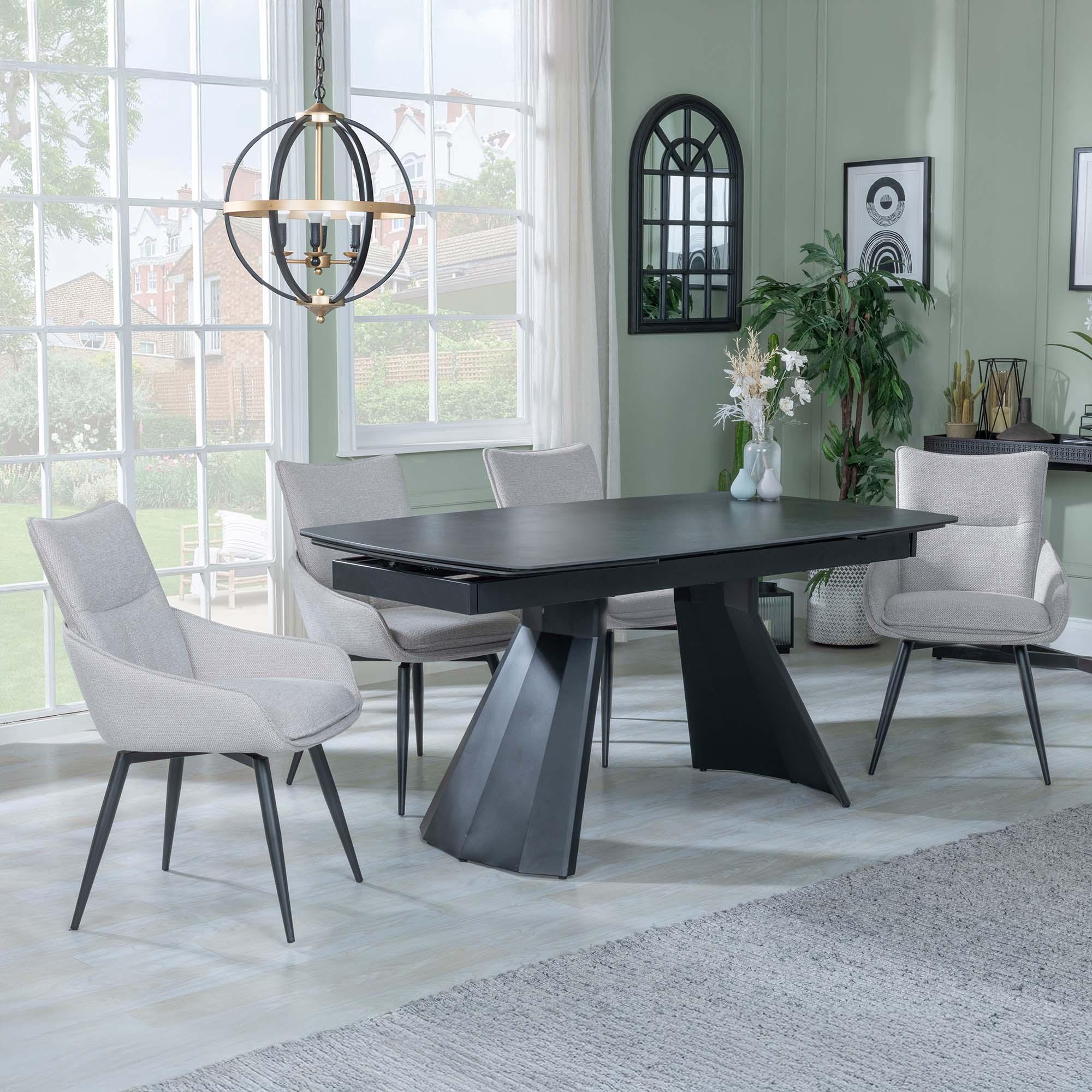 Kinston Dining Set - 6-12 Seater - 160cm-240cm - Black Ceramic - Extending - Ace Swivel Dining Chairs - Beige Fabric