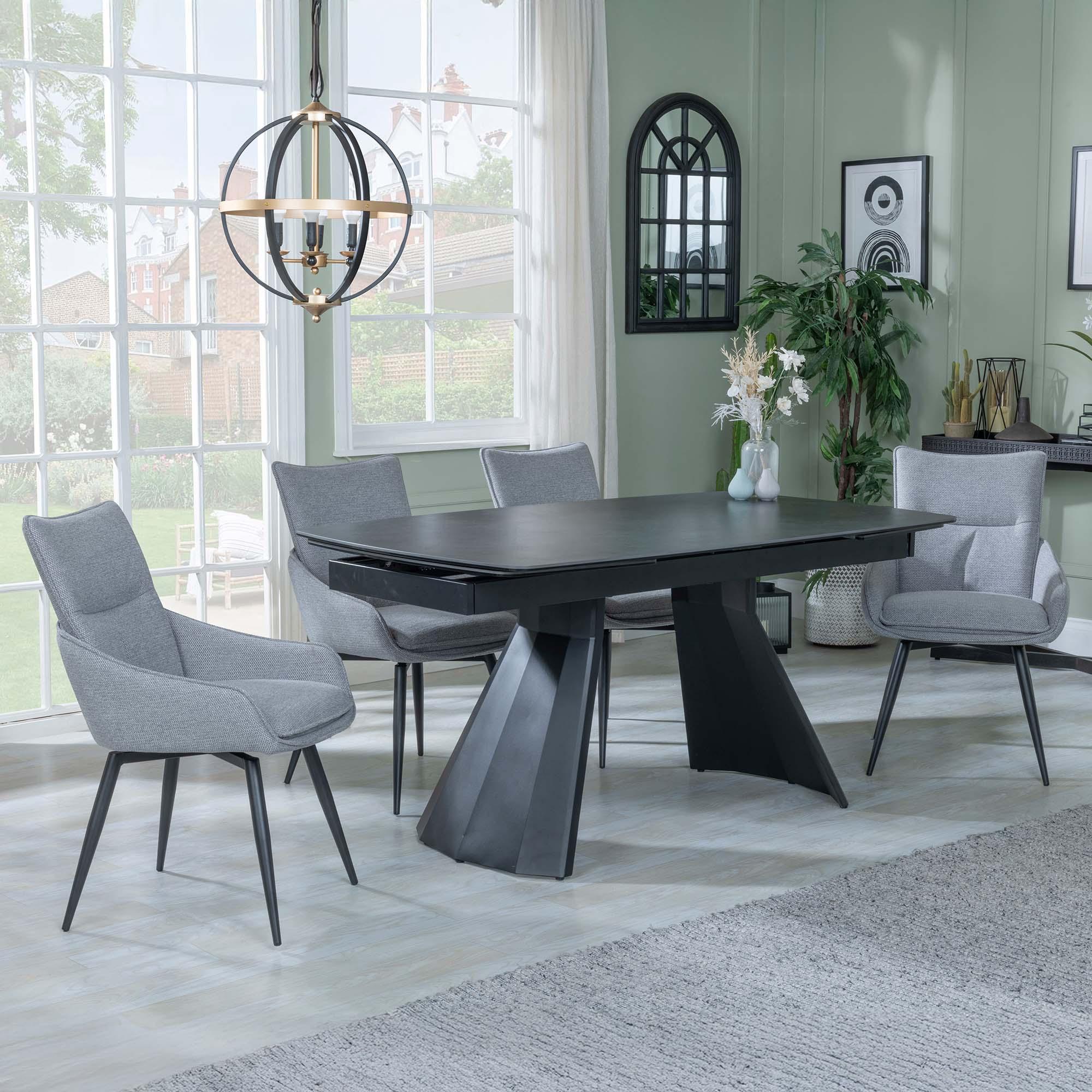 Kinston Dining Set - 6-12 Seater - 160cm-240cm - Black Ceramic - Extending - Ace Swivel Dining Chairs - Grey Fabric