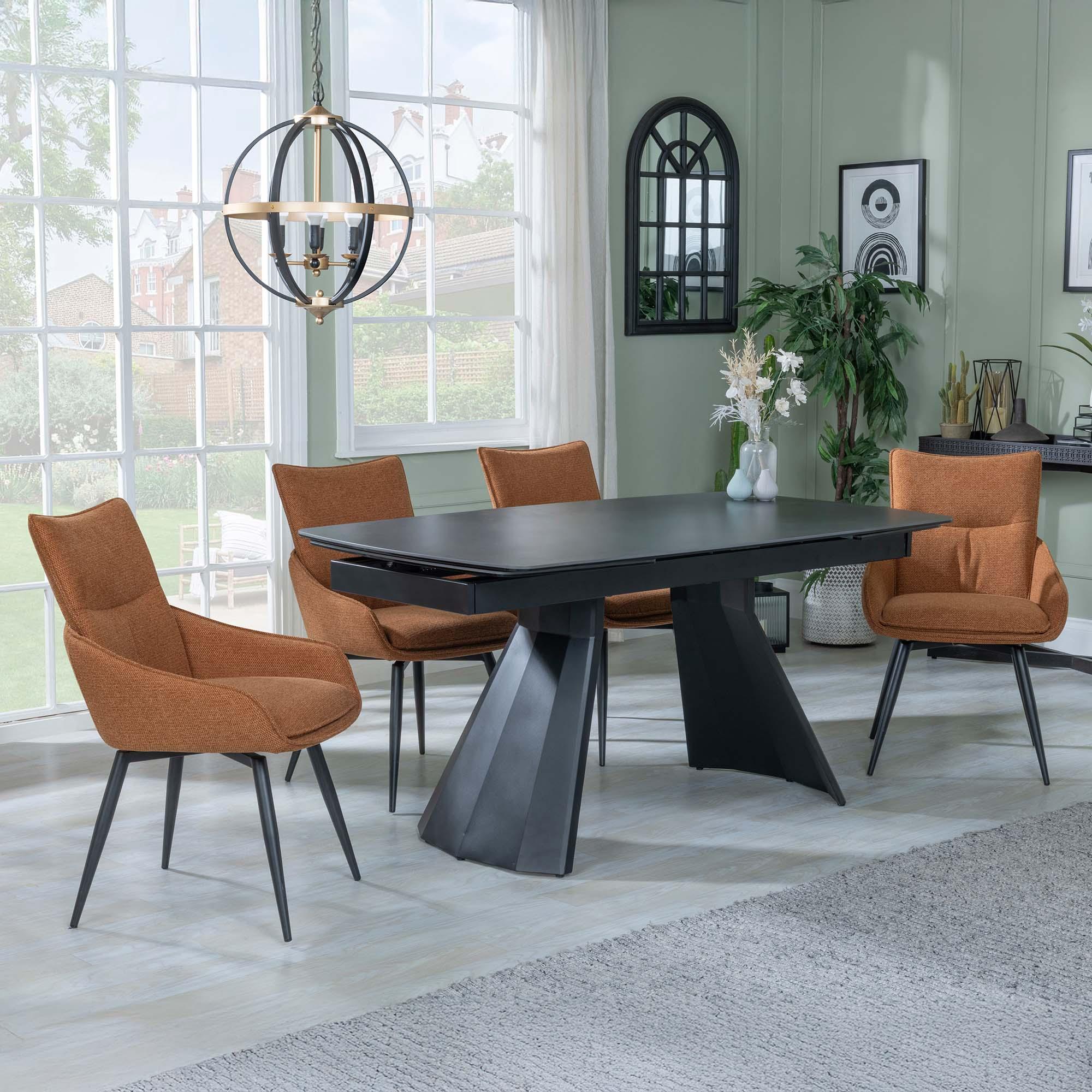 Kinston Dining Set - 6-12 Seater - 160cm-240cm - Black Ceramic - Extending - Ace Swivel Dining Chairs - Orange Fabric