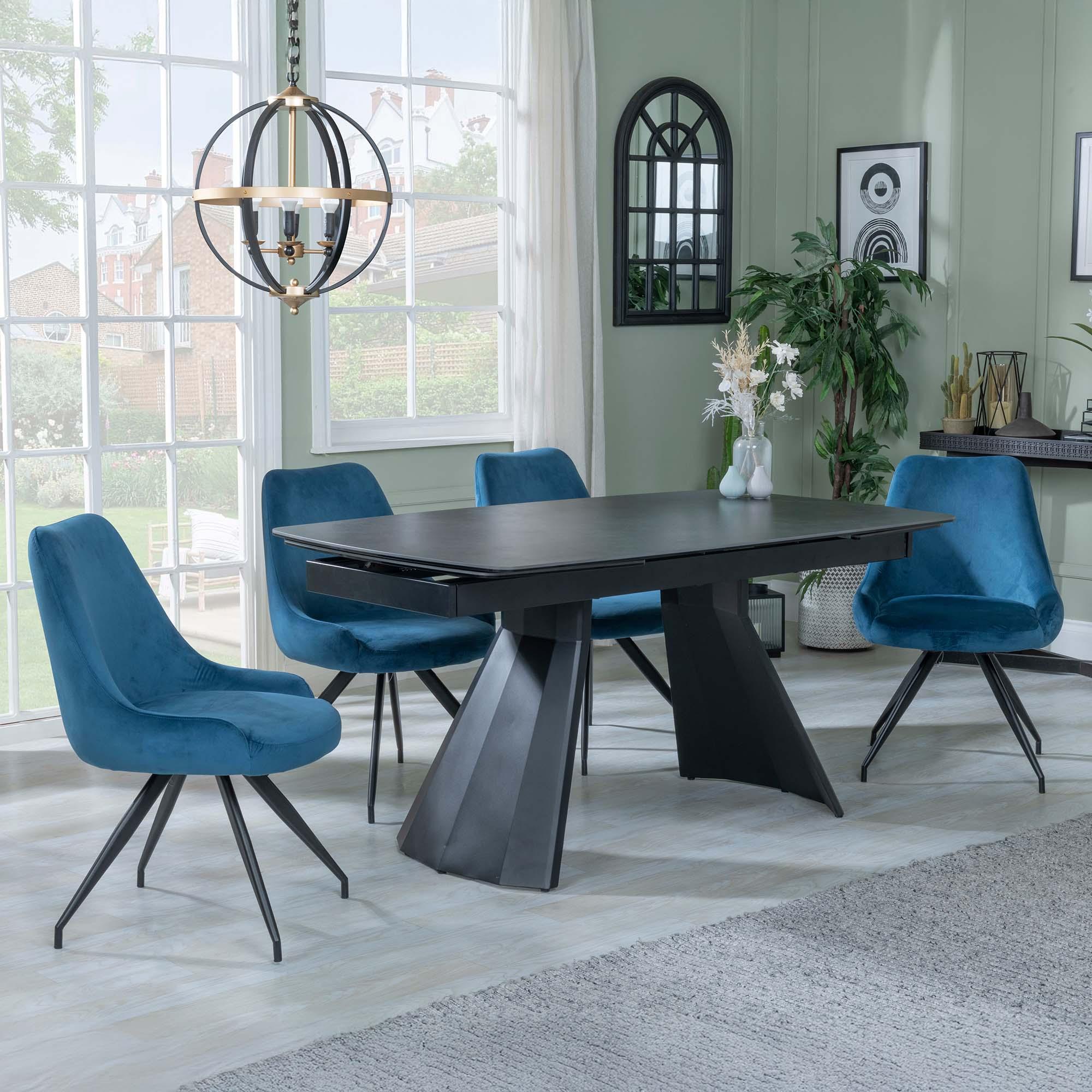 Kinston Dining Set - 6-12 Seater - 160cm-240cm - Black Ceramic - Extending - Arctic Swivel Dining Chairs - Blue Velvet Fabric