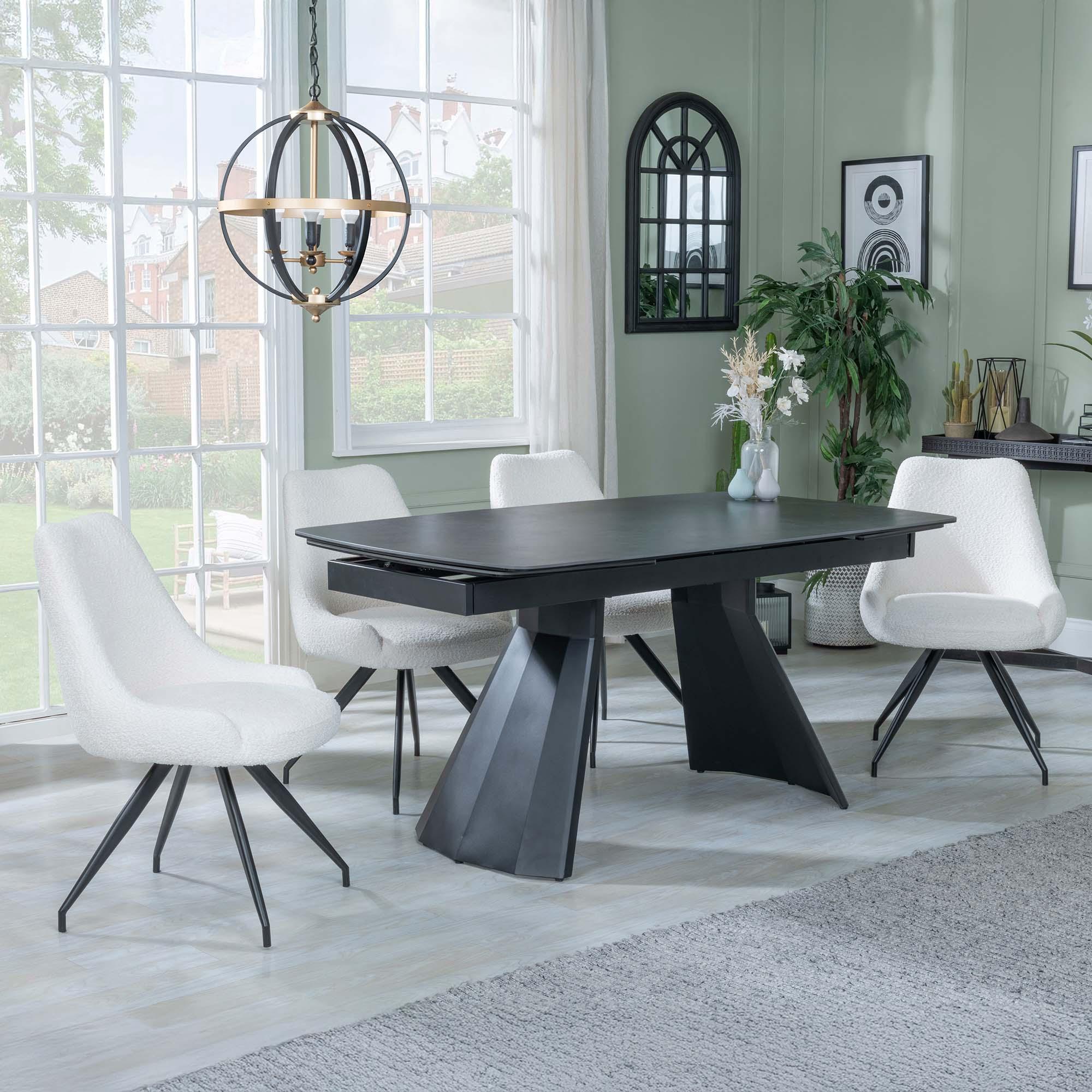 Kinston Dining Set - 6-12 Seater - 160cm-240cm - Black Ceramic - Extending - Arctic Swivel Dining Chairs - Cream Velvet Fabric