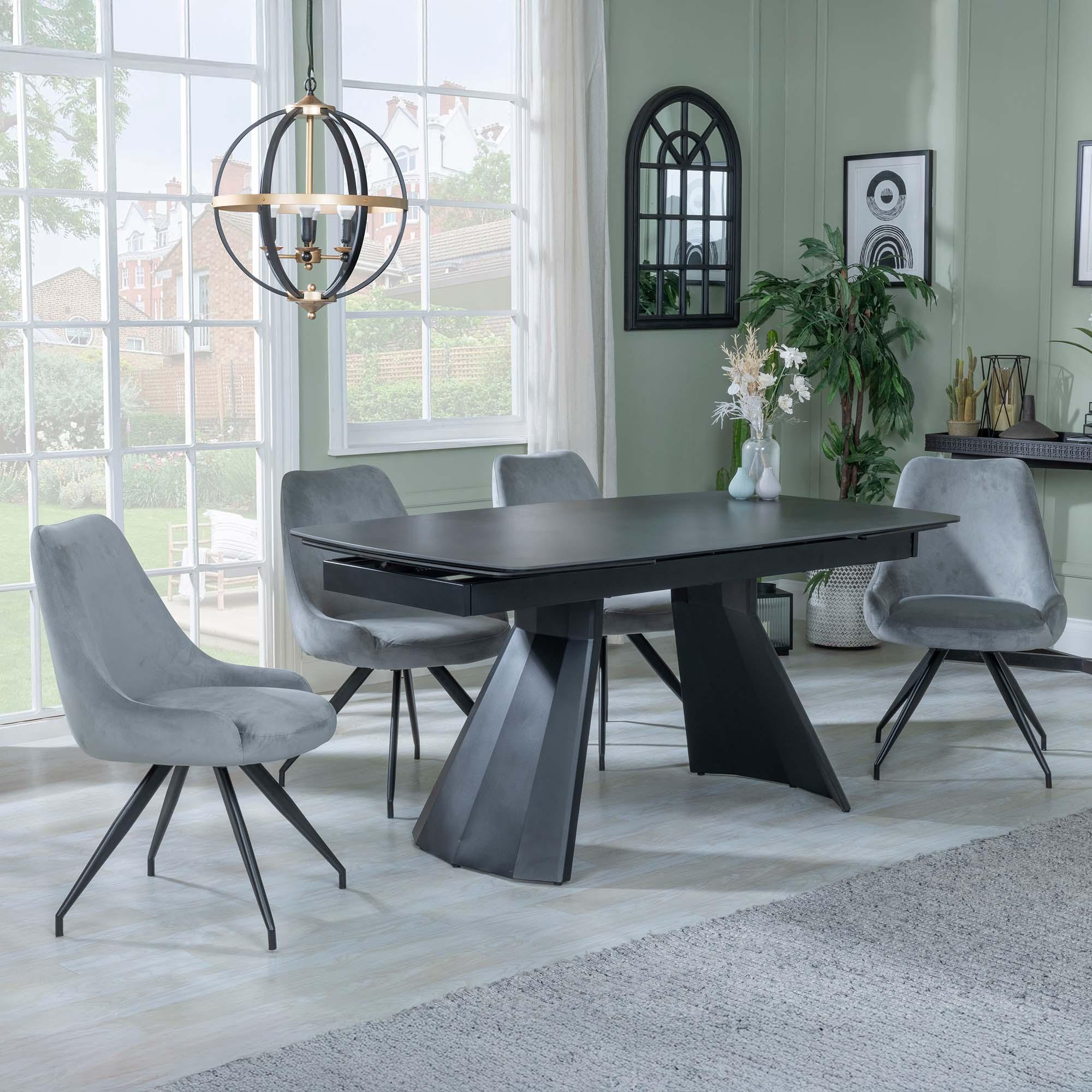 Kinston Dining Set - 6-12 Seater - 160cm-240cm - Black Ceramic - Extending - Arctic Swivel Dining Chairs - Grey Velvet Fabric
