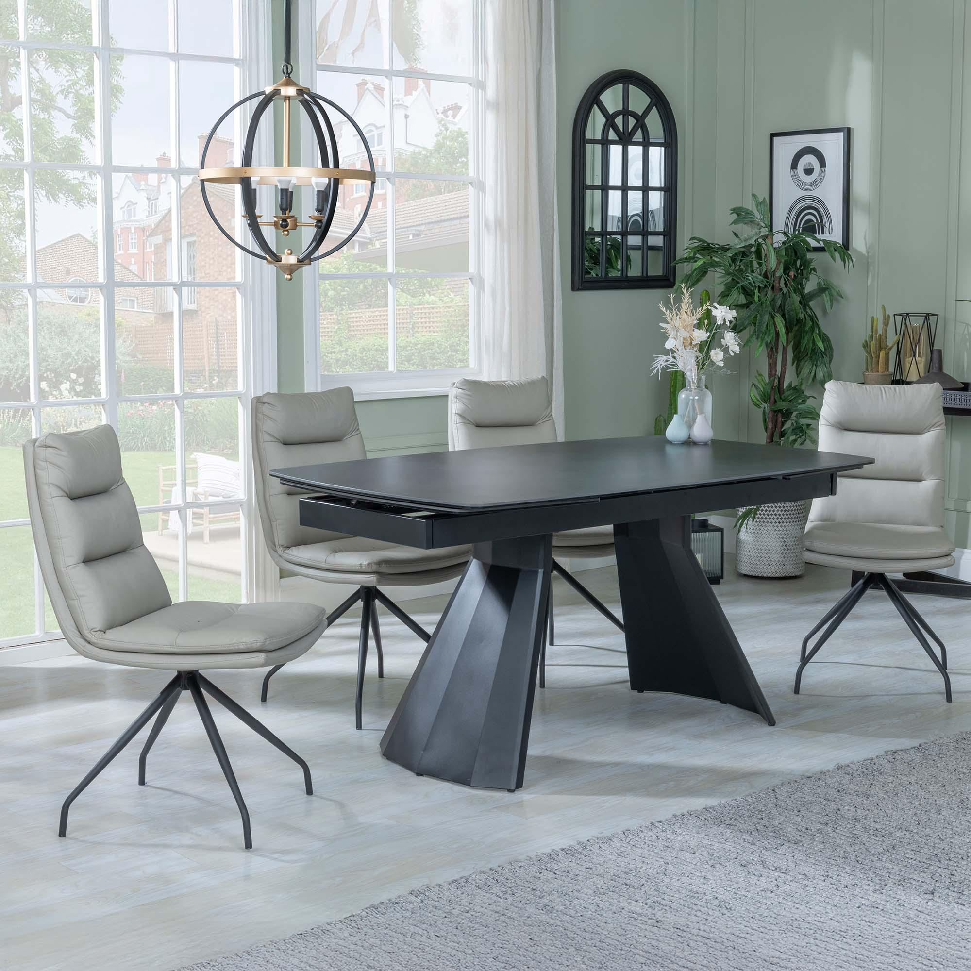 Kinston Dining Set - 6-12 Seater - 160cm-240cm - Black Ceramic - Extending - Diego Swivel Dining Chairs - Beige Leather