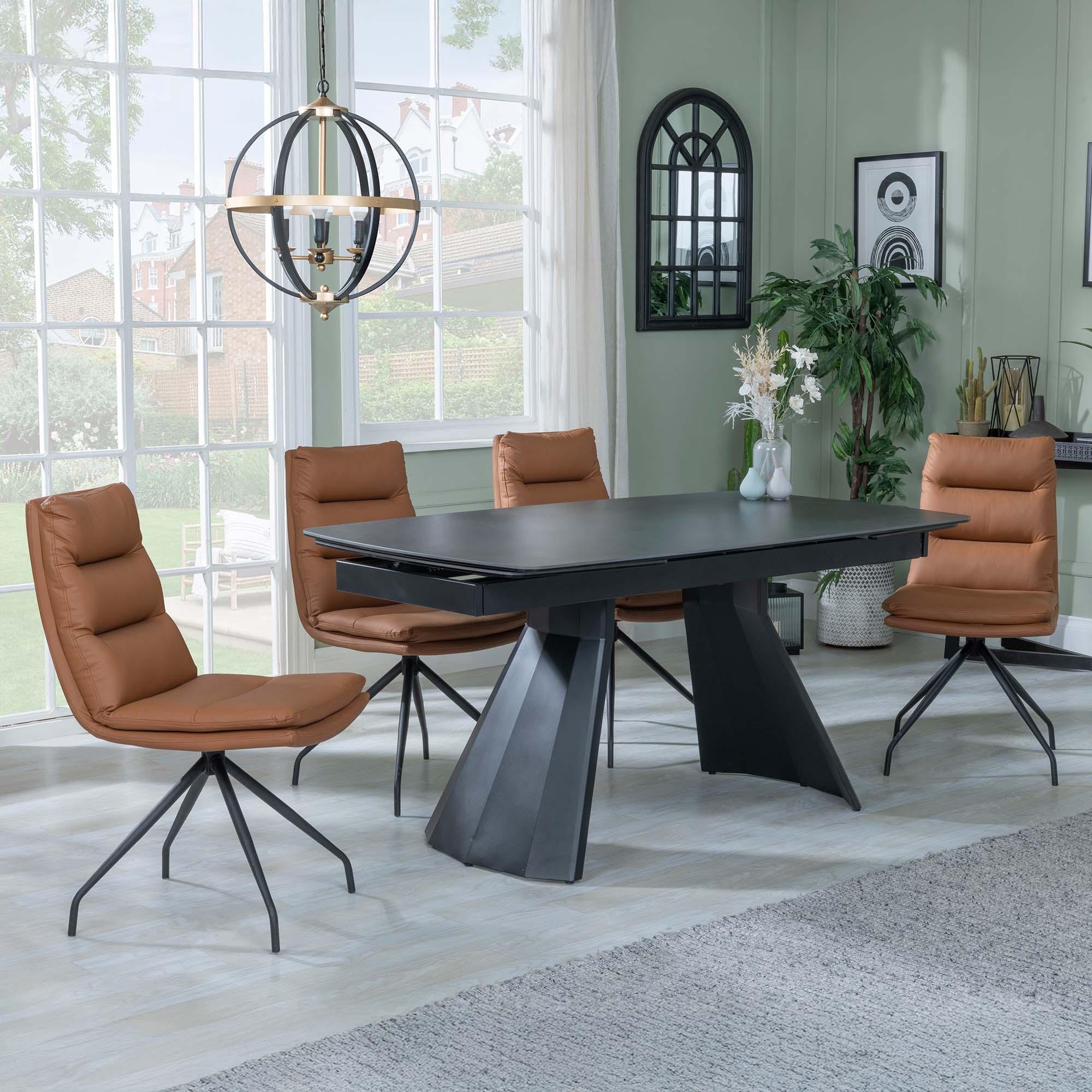 Kinston Dining Set - 6-12 Seater - 160cm-240cm - Black Ceramic - Extending - Diego Swivel Dining Chairs - Brown Leather