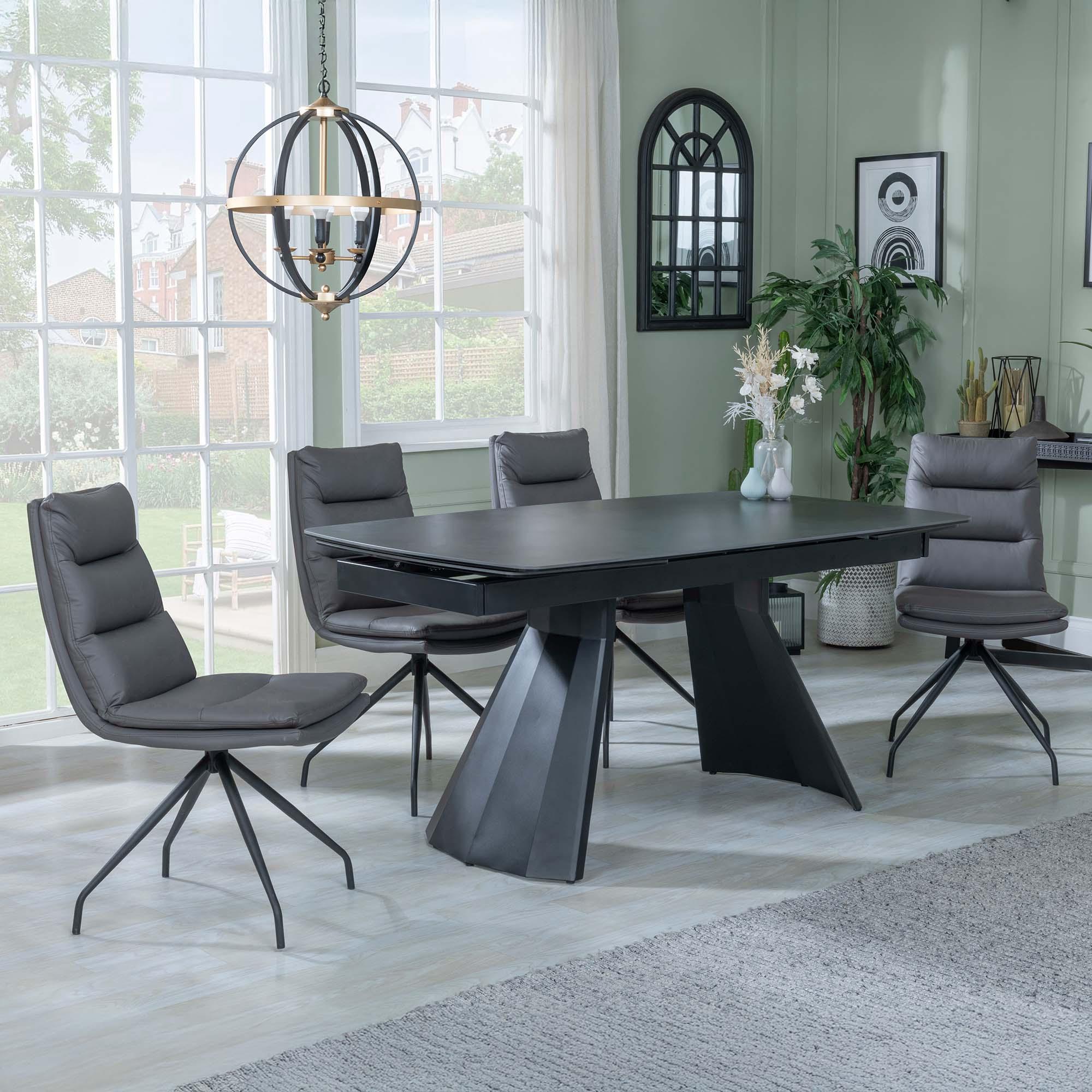 Kinston Dining Set - 6-12 Seater - 160cm-240cm - Black Ceramic - Extending - Diego Swivel Dining Chairs - Grey Leather