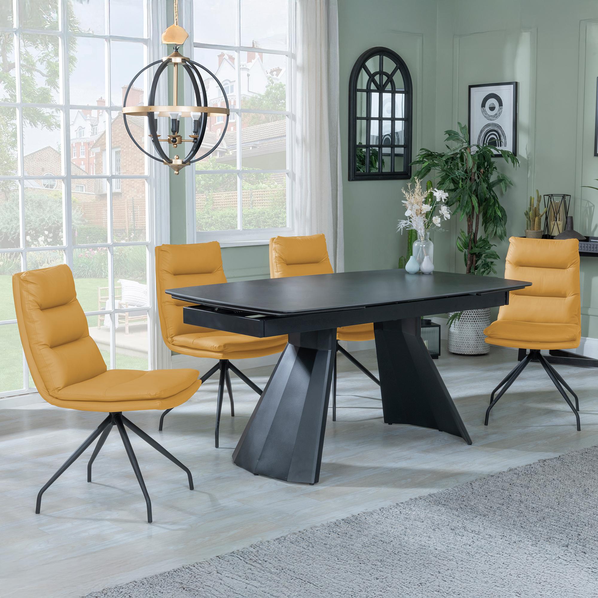 Kinston Dining Set - 6-12 Seater - 160cm-240cm - Black Ceramic - Extending - Diego Swivel Dining Chairs - Yellow Leather