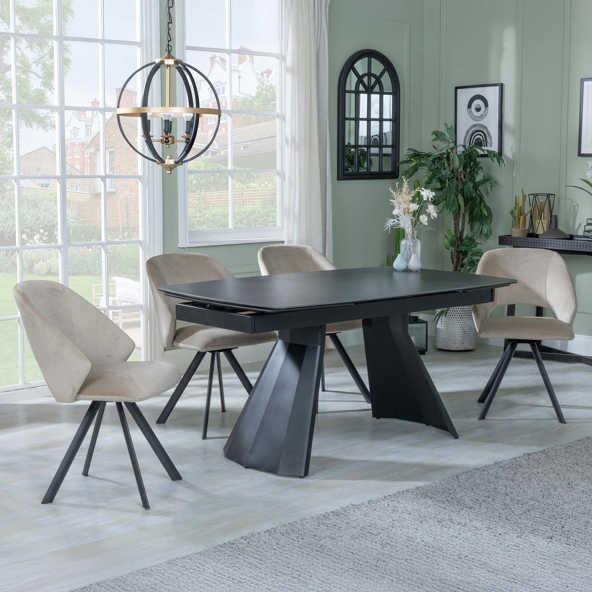 Kinston Dining Set - 6-12 Seater - 160cm-240cm - Black Ceramic - Extending - Ion Swivel Dining Chairs - Beige Velvet Fabric