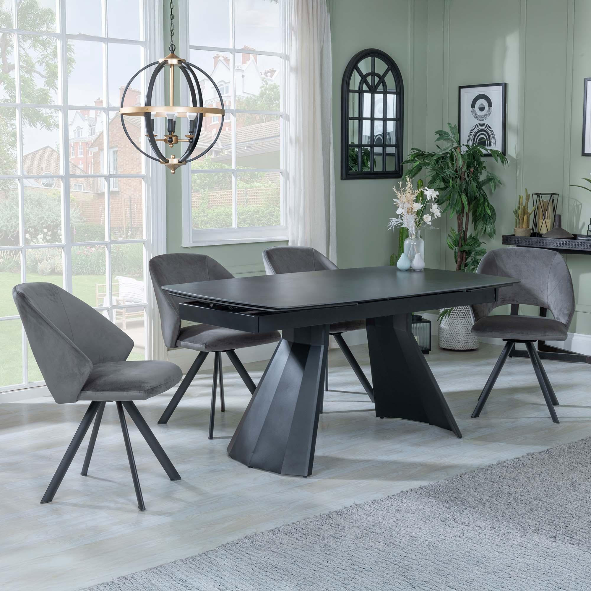 Kinston Dining Set - 6-12 Seater - 160cm-240cm - Black Ceramic - Extending - Ion Swivel Dining Chairs - Dark Grey Velvet Fabric