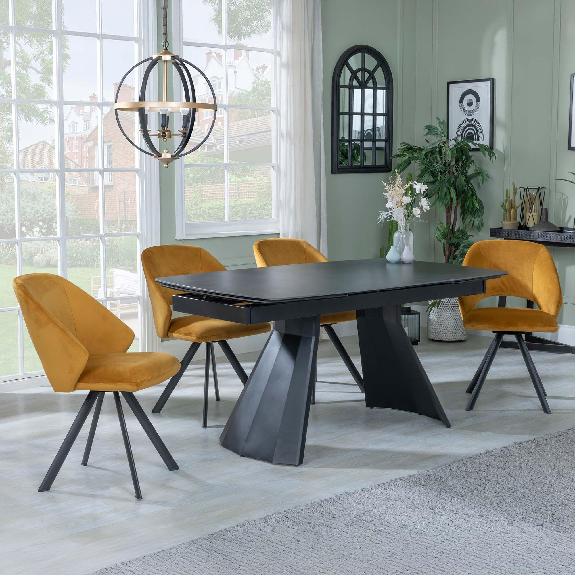 Kinston Dining Set - 6-12 Seater - 160cm-240cm - Black Ceramic - Extending - Ion Swivel Dining Chairs - Mustard Velvet Fabric