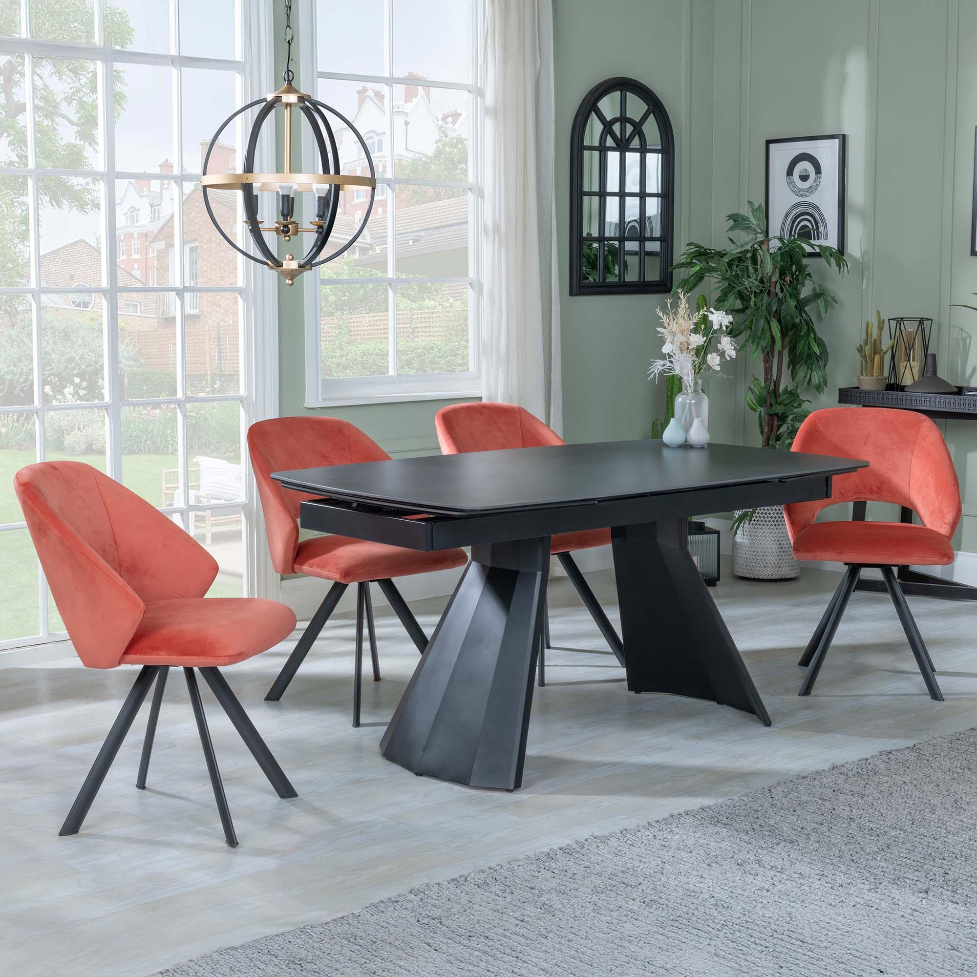 Kinston Dining Set - 6-12 Seater - 160cm-240cm - Black Ceramic - Extending - Ion Swivel Dining Chairs - Orange Velvet Fabric