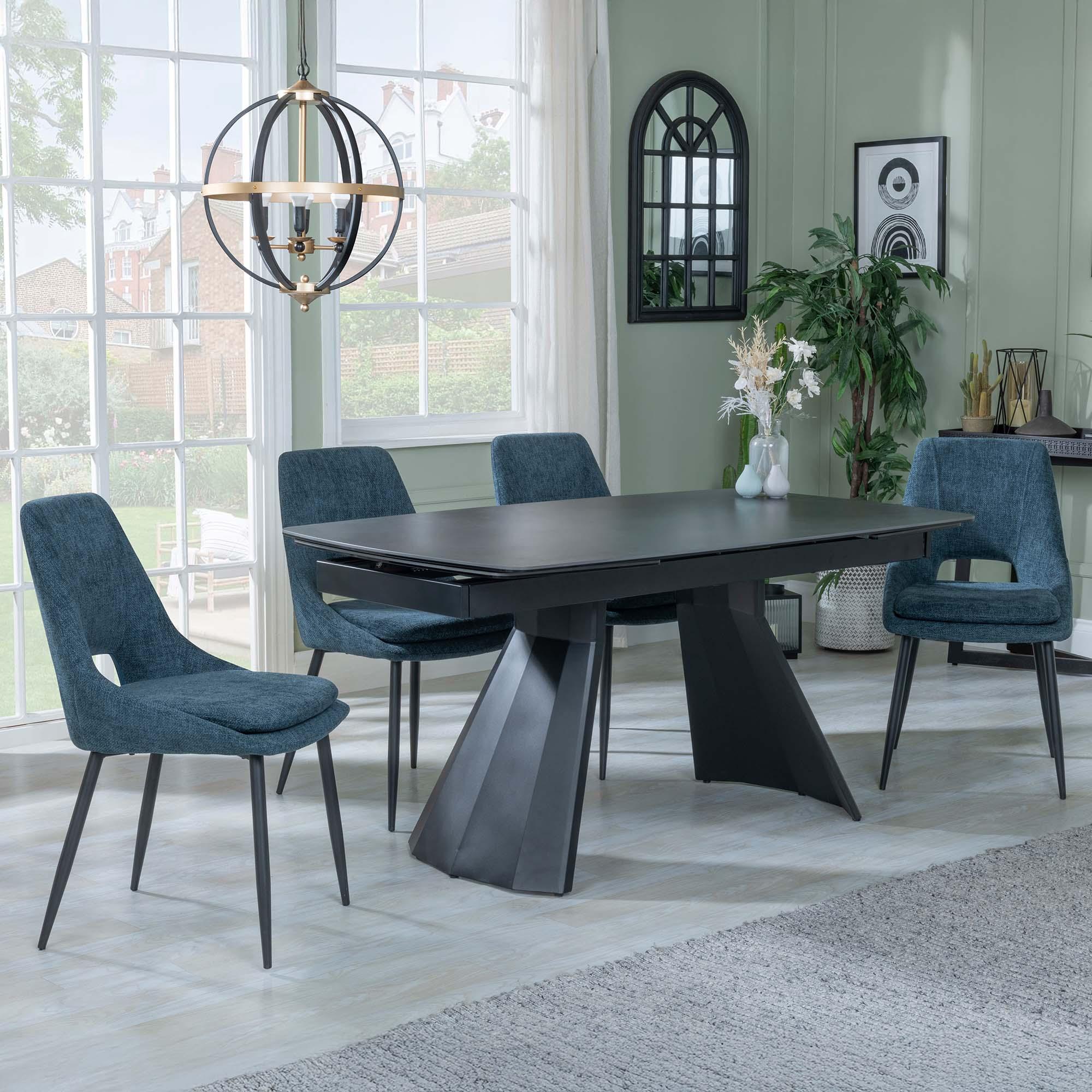 Kinston Dining Set - 6-12 Seater - 160cm-240cm - Black Ceramic - Extending - Peyton Dining Chairs - Blue Fabric