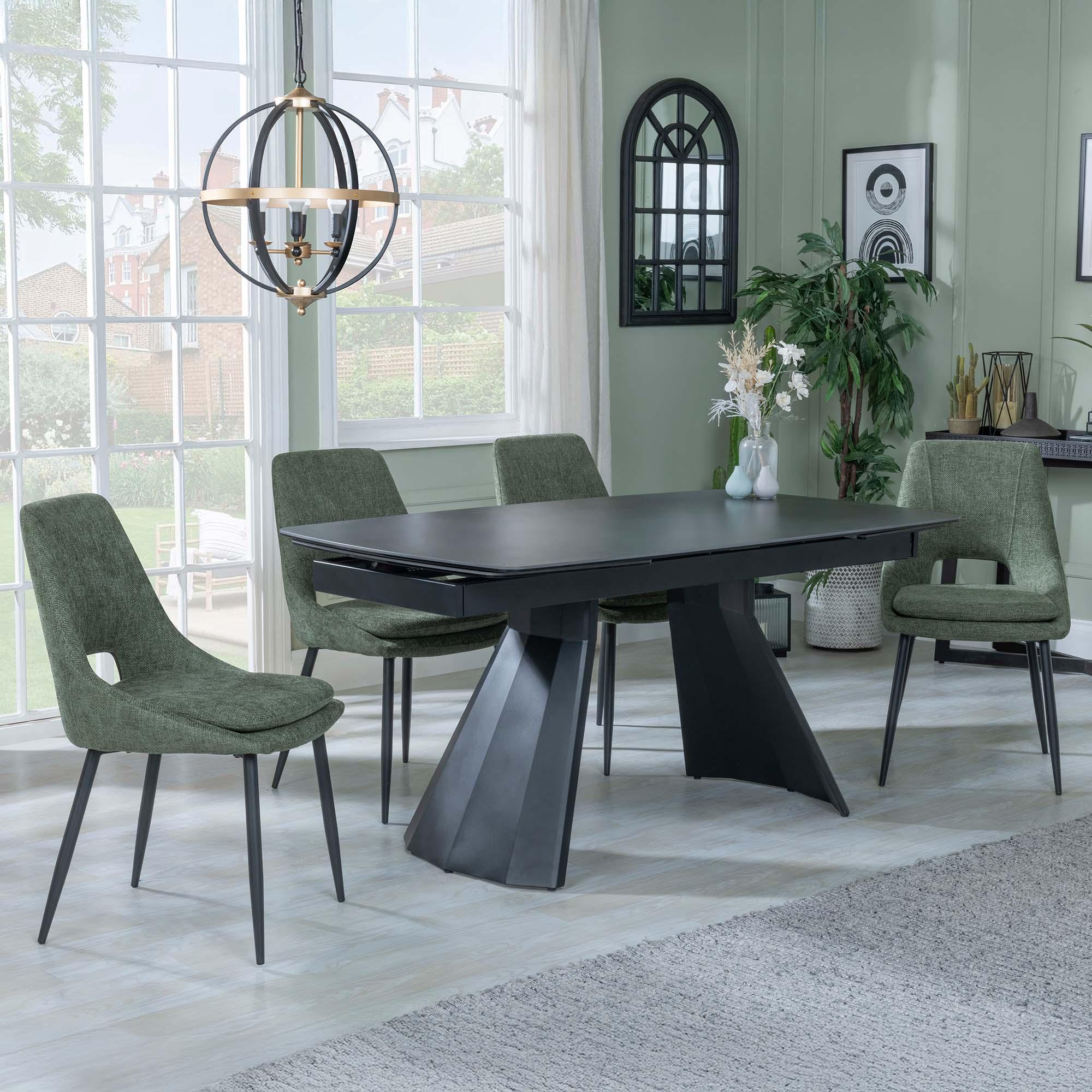 Kinston Dining Set - 6-12 Seater - 160cm-240cm - Black Ceramic - Extending - Peyton Dining Chairs - Green Fabric