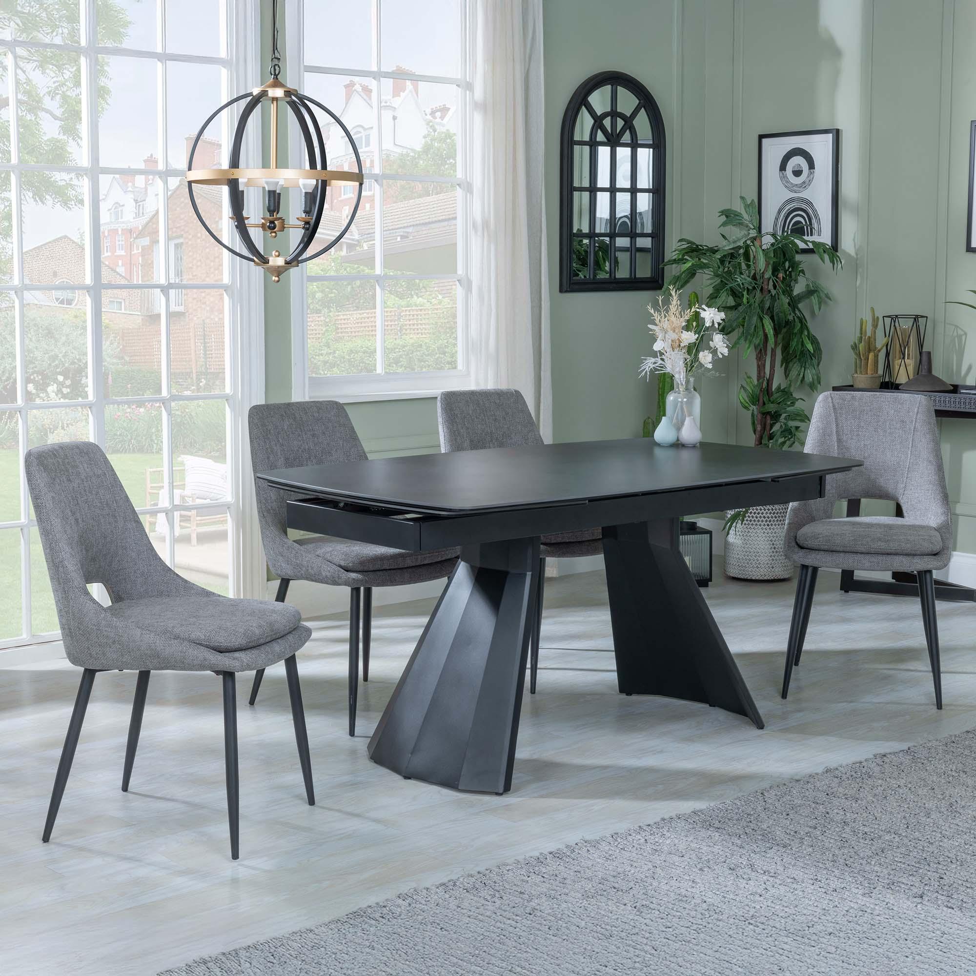 Kinston Dining Set - 6-12 Seater - 160cm-240cm - Black Ceramic - Extending - Peyton Dining Chairs - Grey Fabric