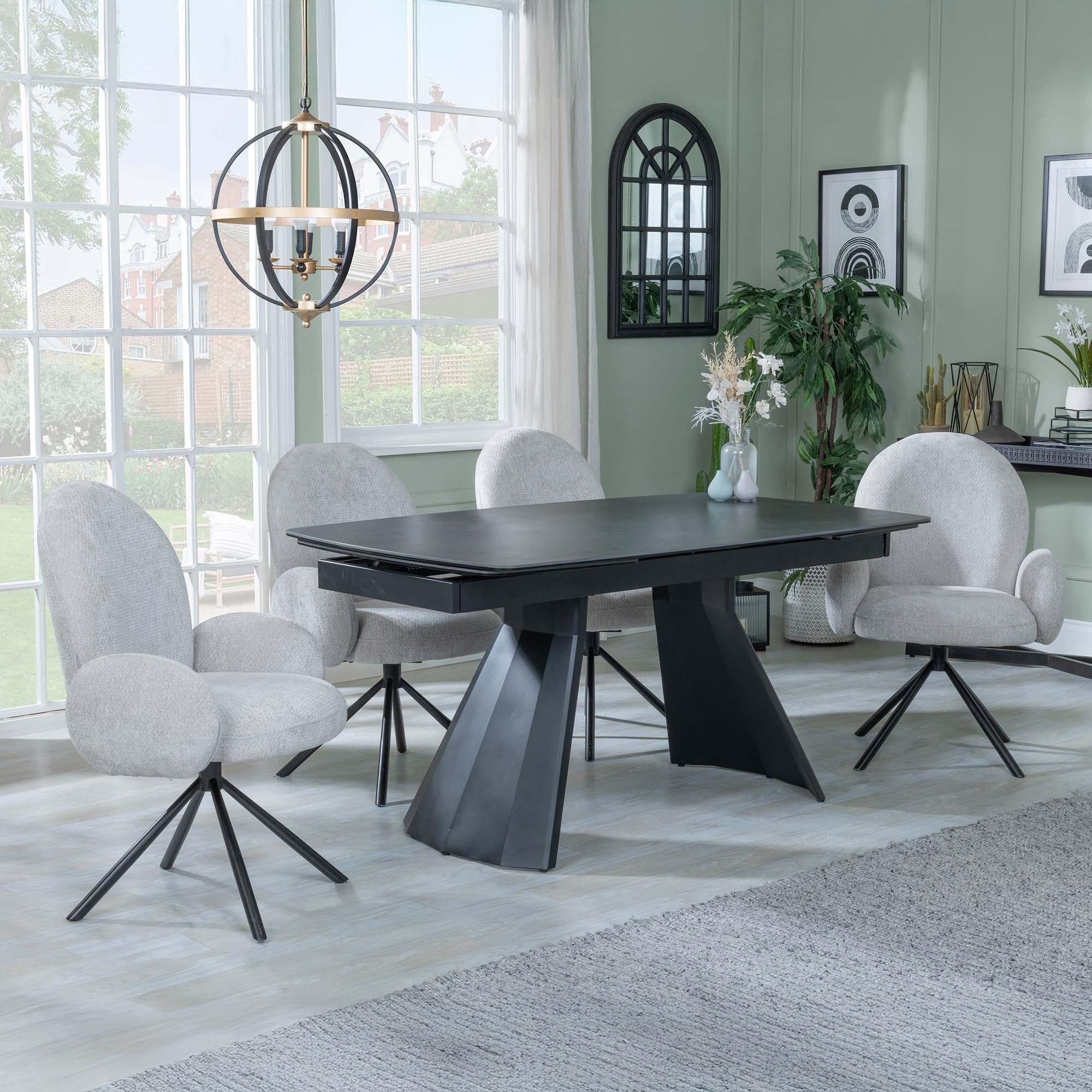Kinston Dining Set - 6-12 Seater - 160cm-240cm - Black Ceramic - Extending - Theo Swivel Dining Chairs - Grey Fabric