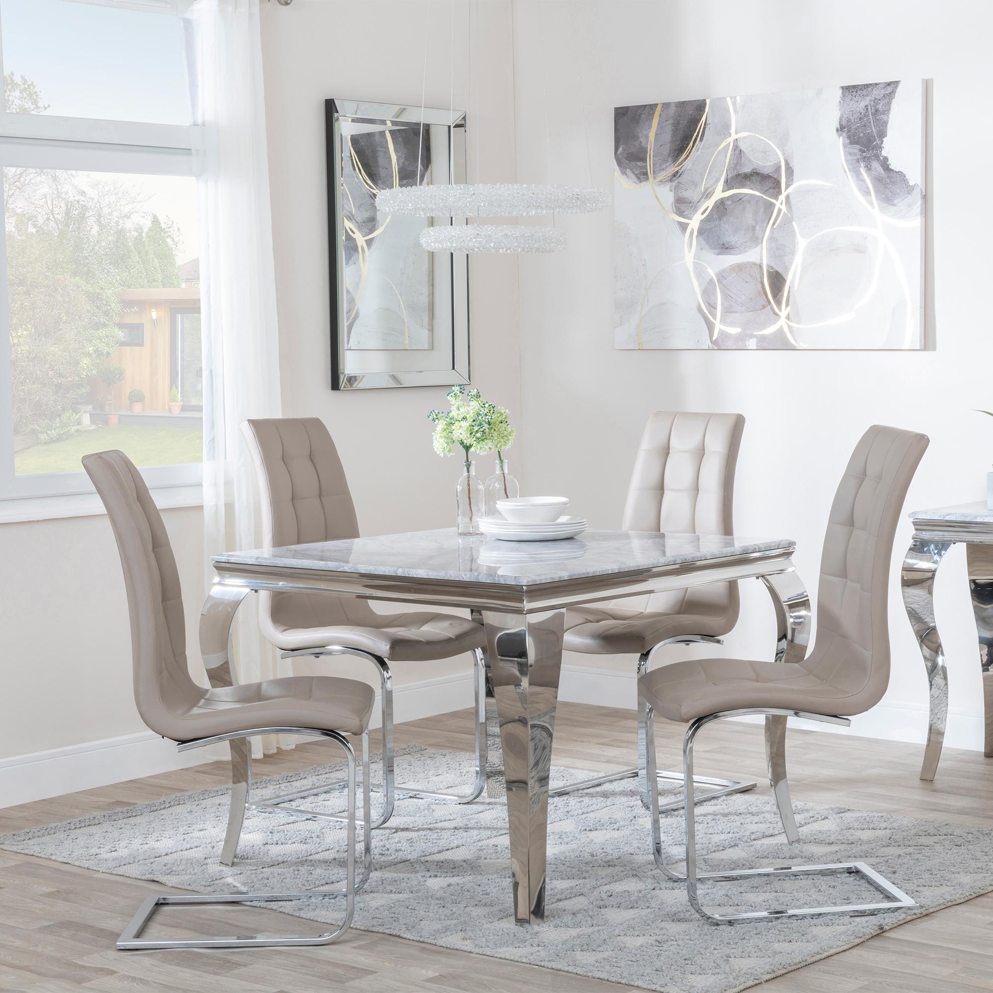 Louis Dining Set - 4 Seater - 100cm - Square - Grey Marble & Chrome - 4x Jamison Dining Chairs - Beige Faux Leather