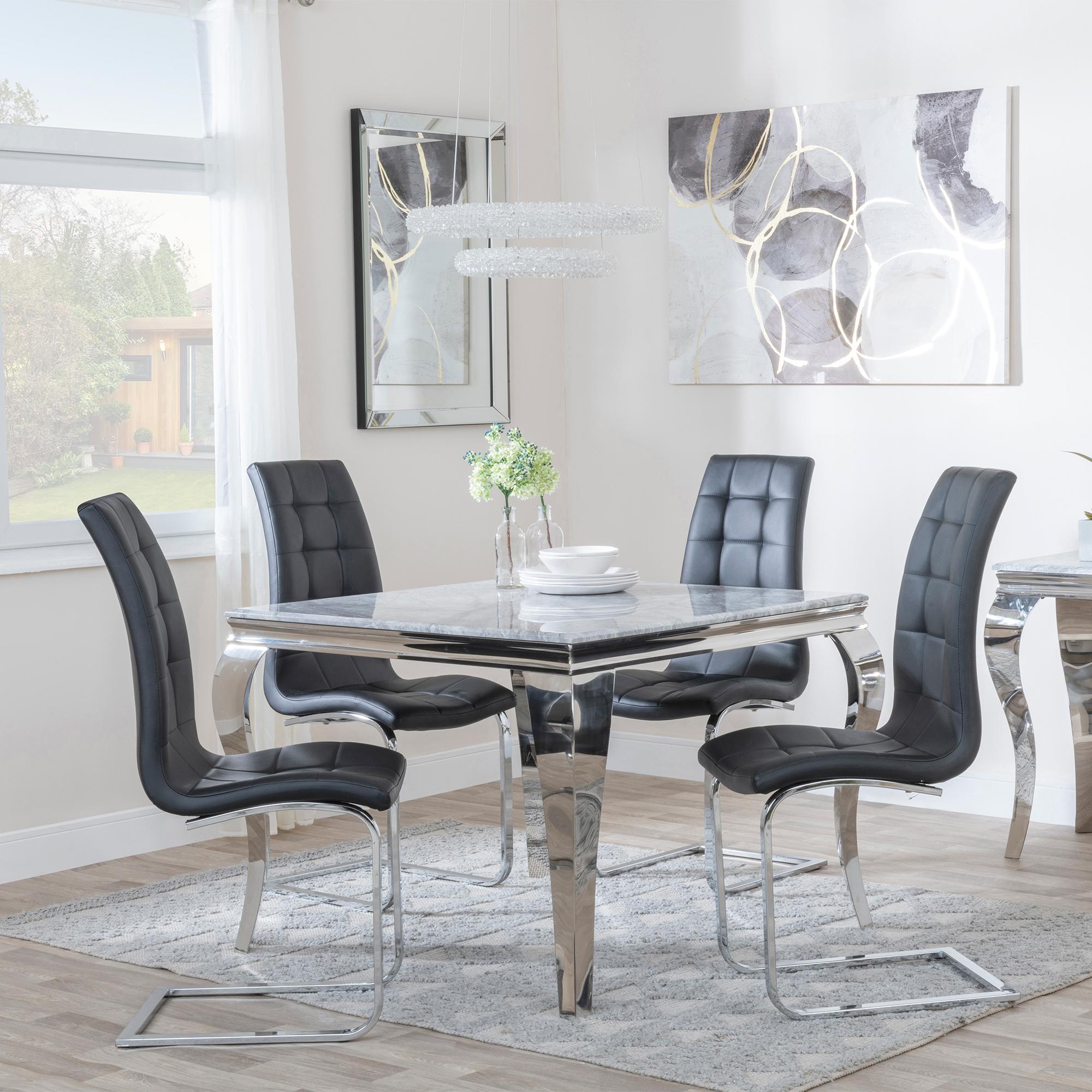 Louis Dining Set - 4 Seater - 100cm - Square - Grey Marble & Chrome - 4x Jamison Dining Chairs - Black Faux Leather