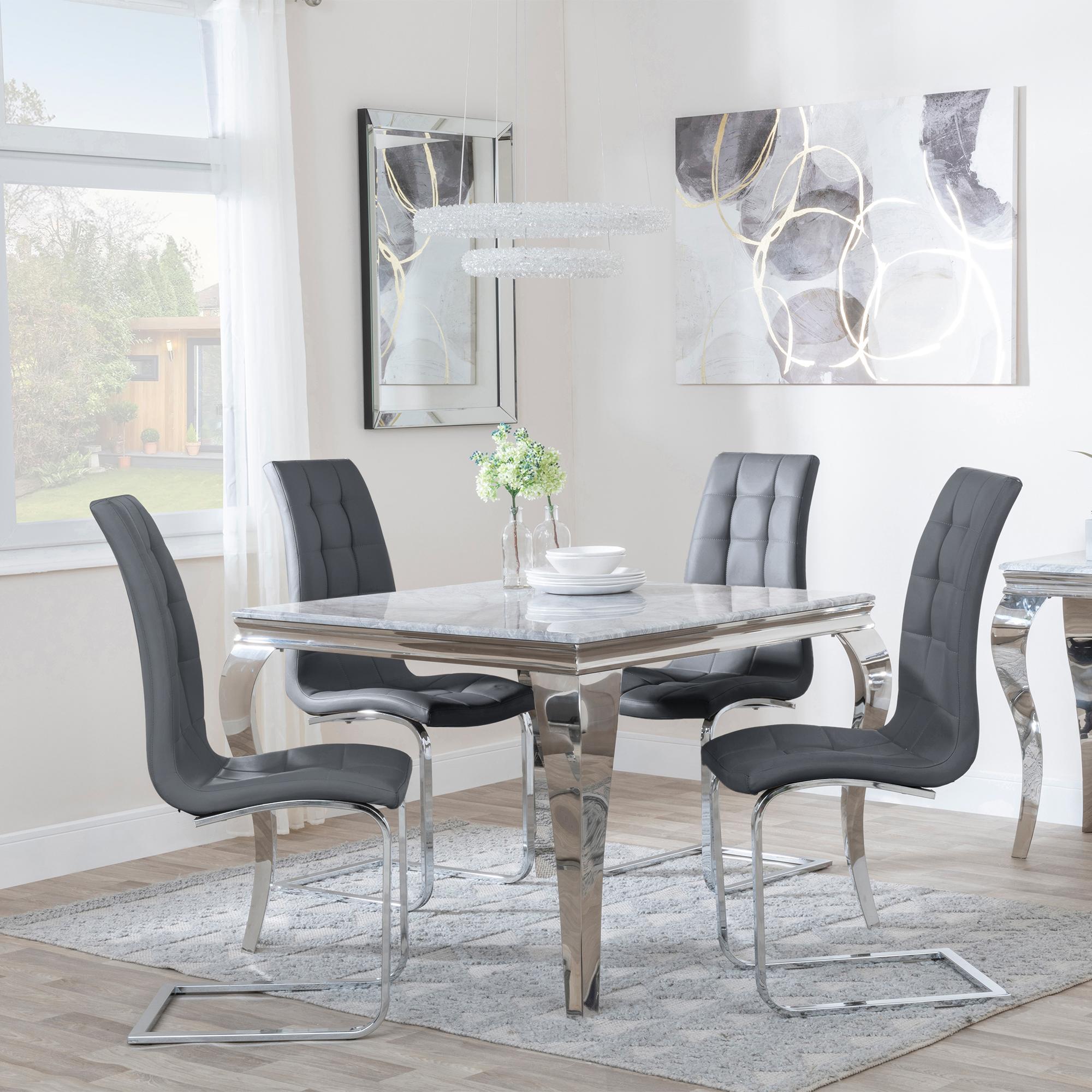 Louis Dining Set - 4 Seater - 100cm - Square - Grey Marble & Chrome - 4x Jamison Dining Chairs - Grey Faux Leather
