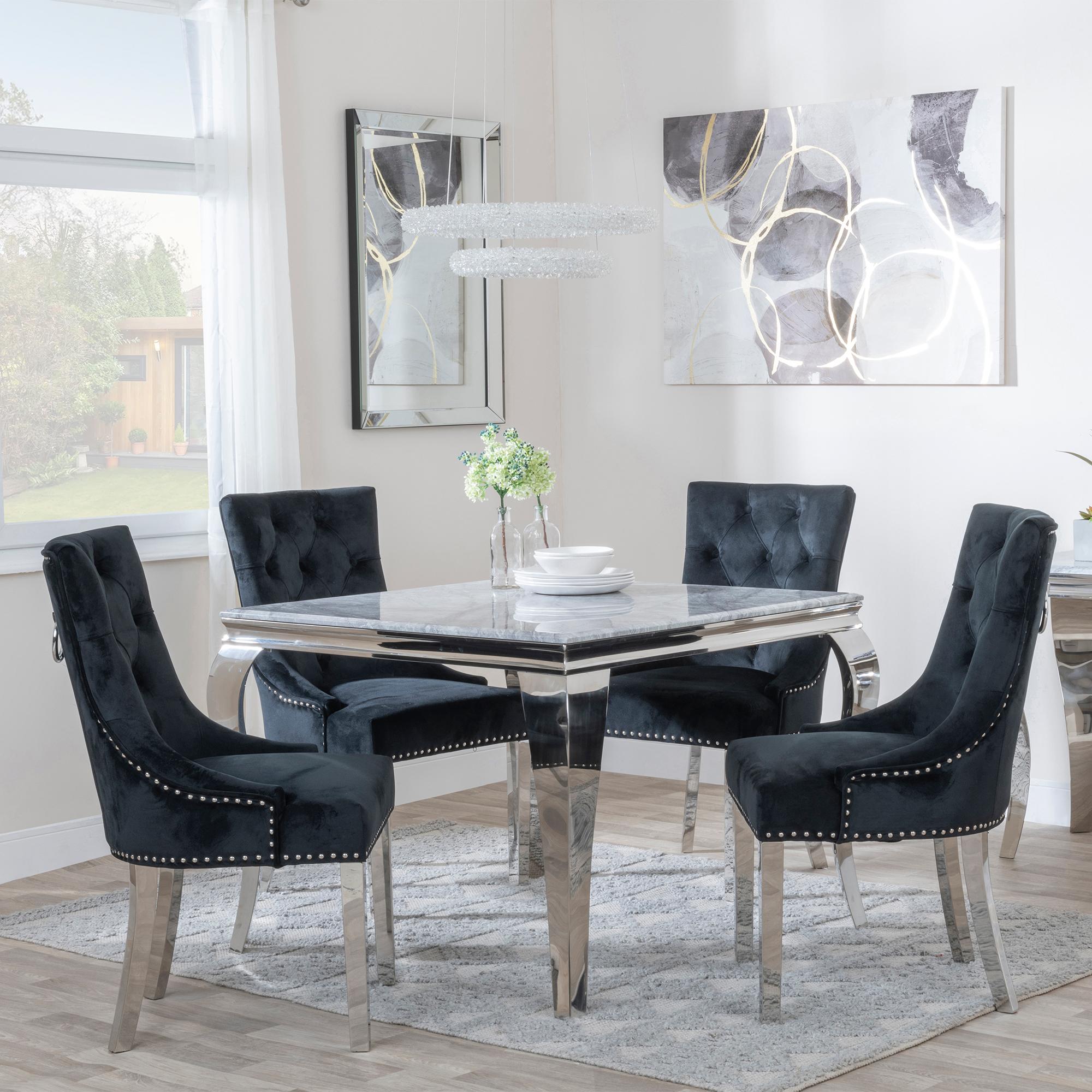 Louis Dining Set - 4 Seater - 100cm - Square - Grey Marble & Chrome - 4x Knocker Back Dining Chairs - Black Velvet Fabric - Chrome Legs