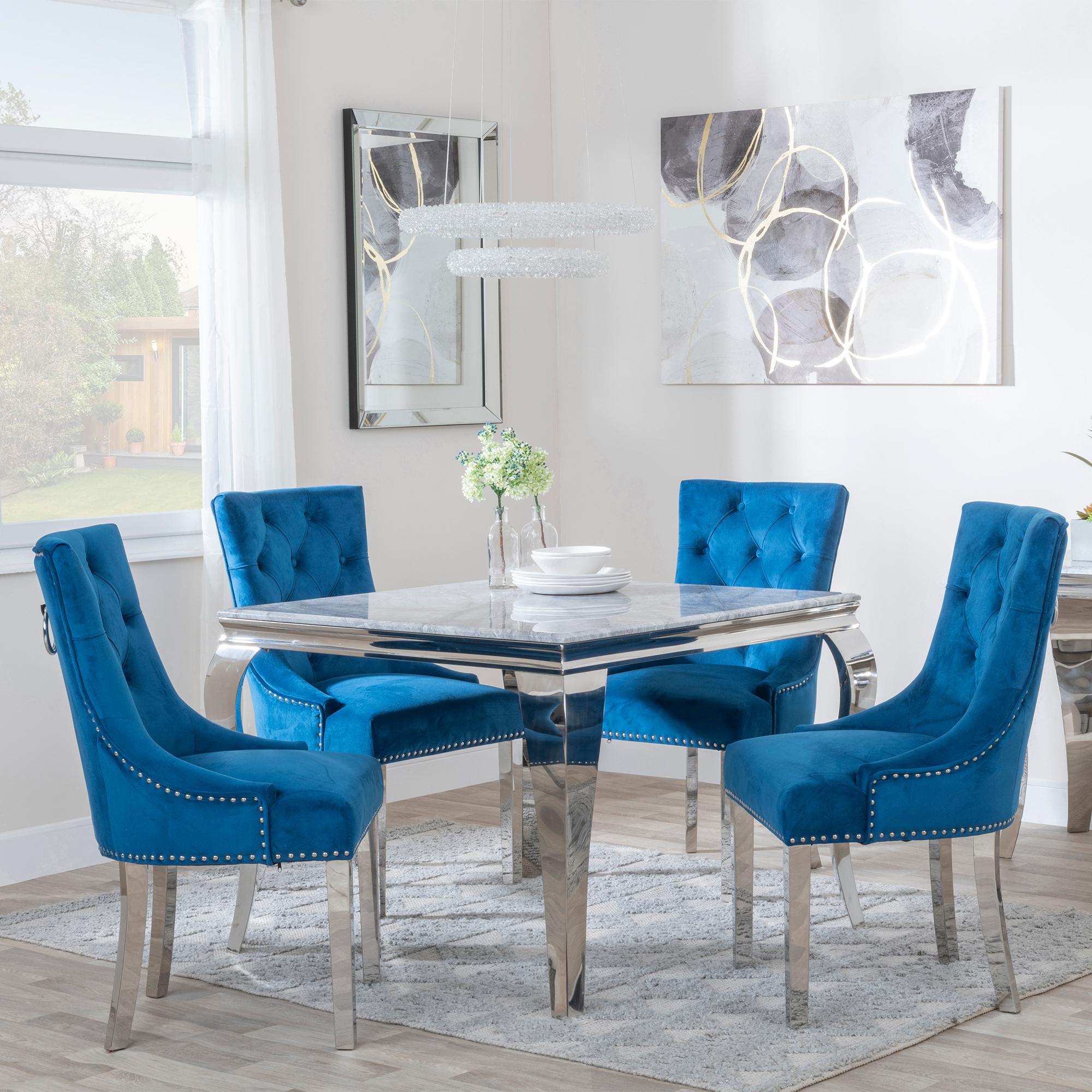 Louis Dining Set - 4 Seater - 100cm - Square - Grey Marble & Chrome - 4x Knocker Back Dining Chairs - Blue Velvet Fabric - Chrome Legs
