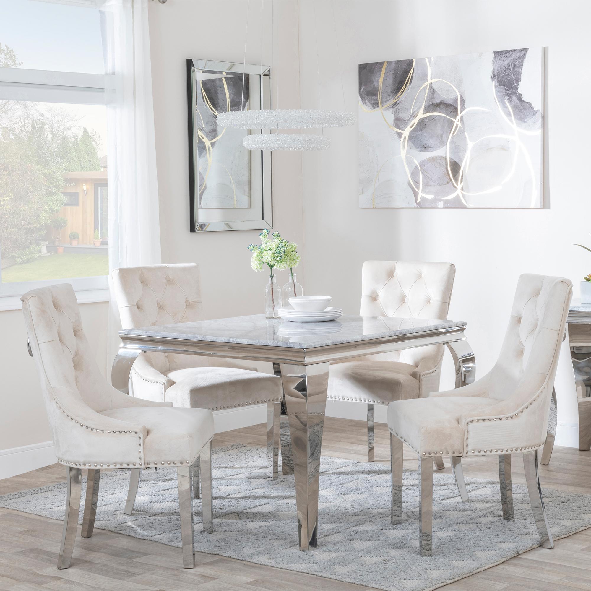 Louis Dining Set - 4 Seater - 100cm - Square - Grey Marble & Chrome - 4x Knocker Back Dining Chairs - Champagne Velvet Fabric - Chrome Legs