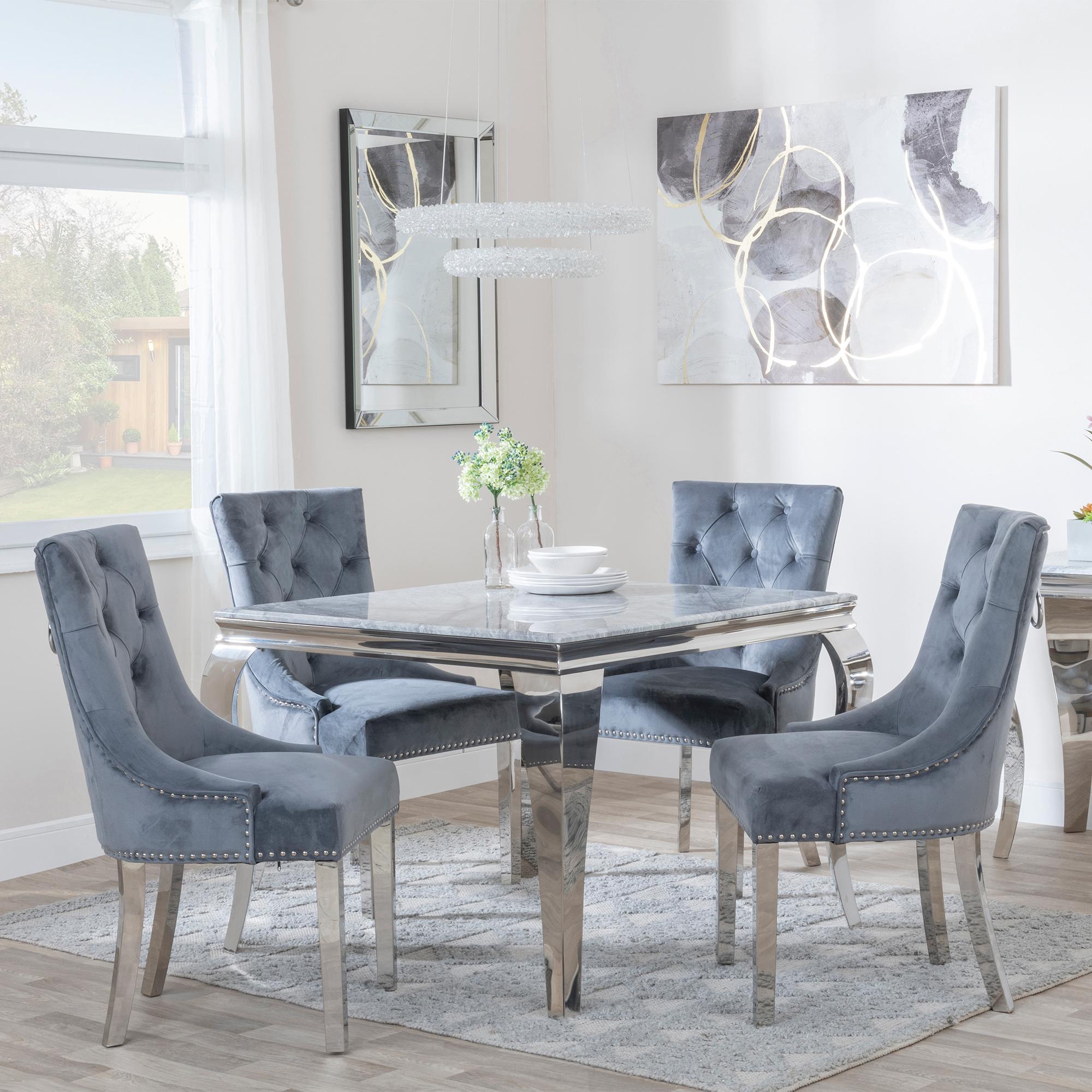 Louis Dining Set - 4 Seater - 100cm - Square - Grey Marble & Chrome - 4x Knocker Back Dining Chairs - Grey Velvet Fabric - Chrome Legs