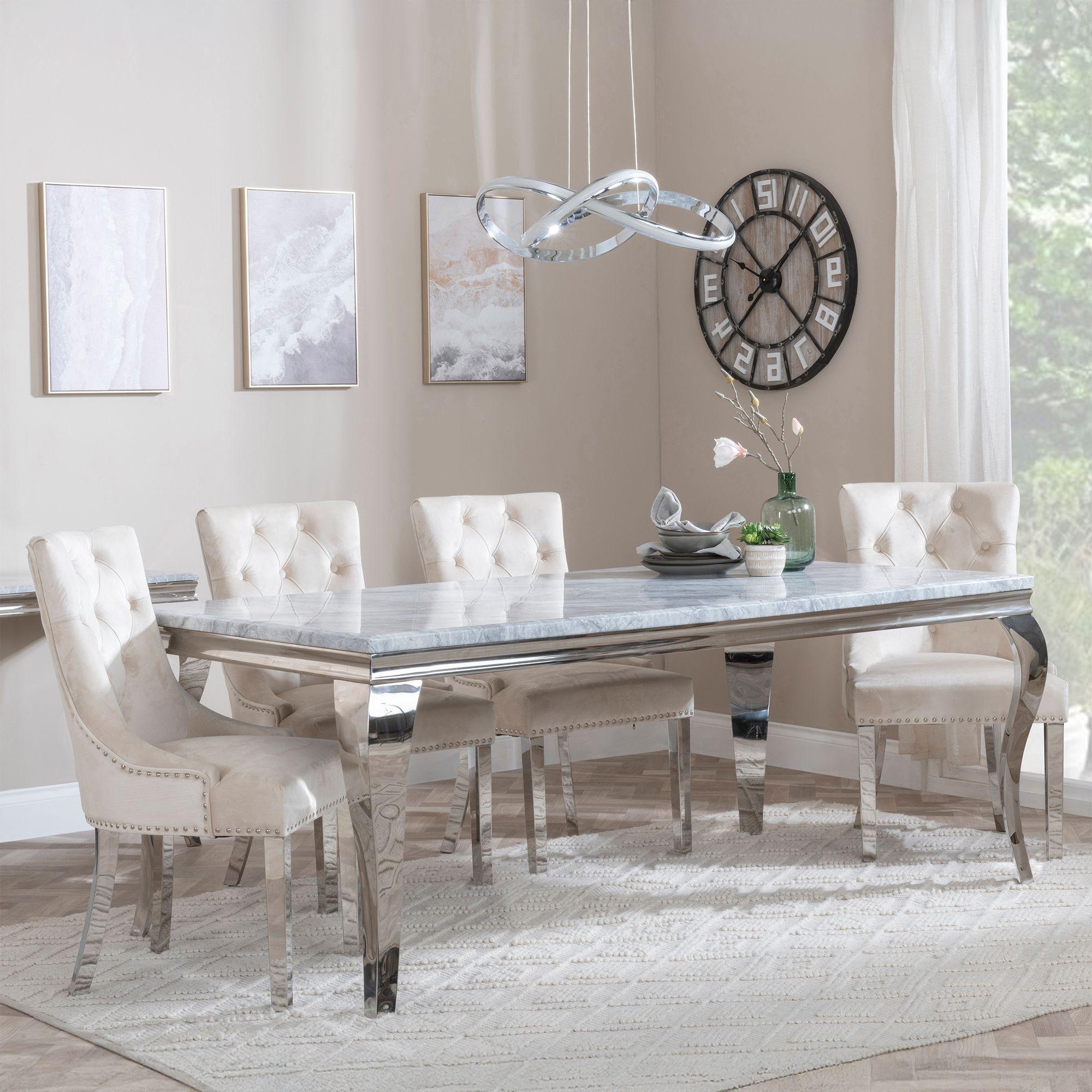 Louis Dining Set - 4 Seater - 140cm - Grey Marble & Chrome - Knocker Back Dining Chairs - Champagne Velvet Fabric - Chrome Legs