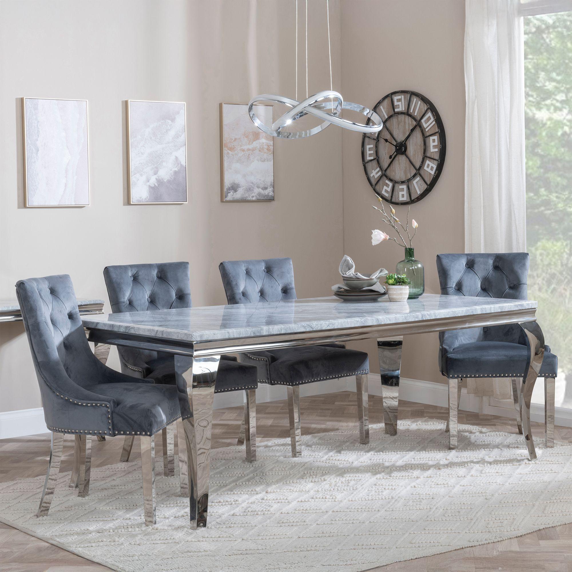 Louis Dining Set - 4 Seater - 140cm - Grey Marble & Chrome - Knocker Back Dining Chairs - Grey Velvet Fabric - Chrome Legs