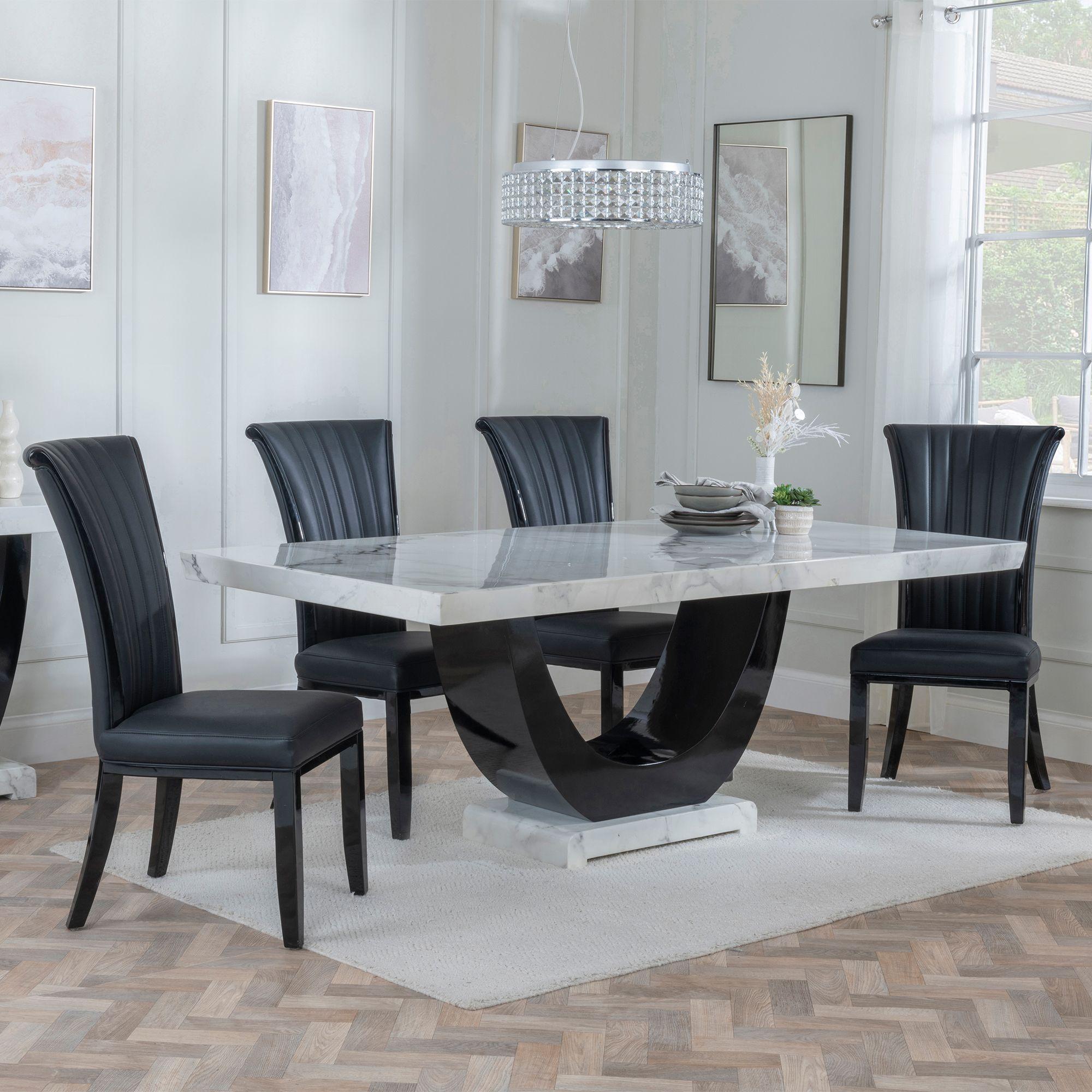 Madrid Dining Set - 6-8 Seater - 160cm-180cm - White Marble - Cadiz Dining Chairs - Black Leather