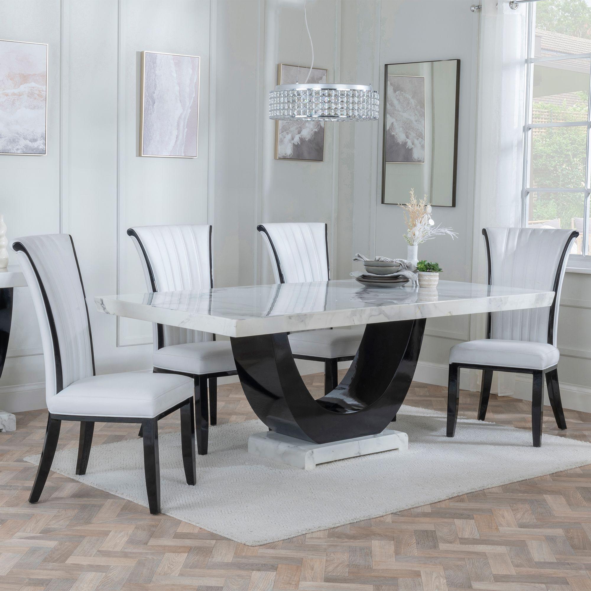 Madrid Dining Set - 6-8 Seater - 160cm-180cm - White Marble - Cadiz Dining Chairs - White Leather
