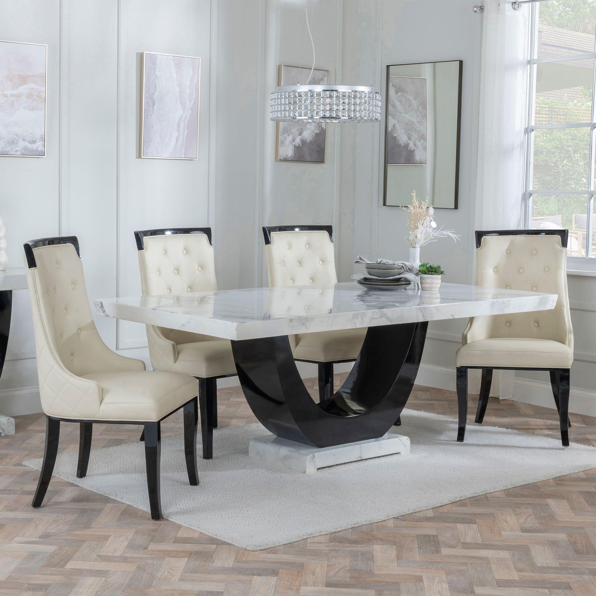 Madrid Dining Set - 6-8 Seater - 160cm-180cm - White Marble - Carmela Dining Chairs - Black Leather