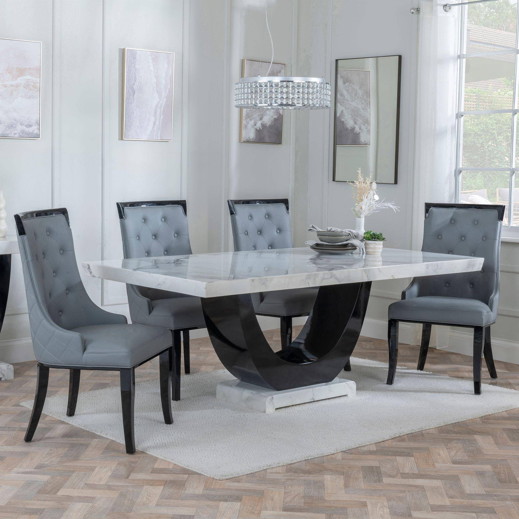 Madrid Dining Set - 6-8 Seater - 160cm-180cm - White Marble - Carmela Dining Chairs - Grey Leather