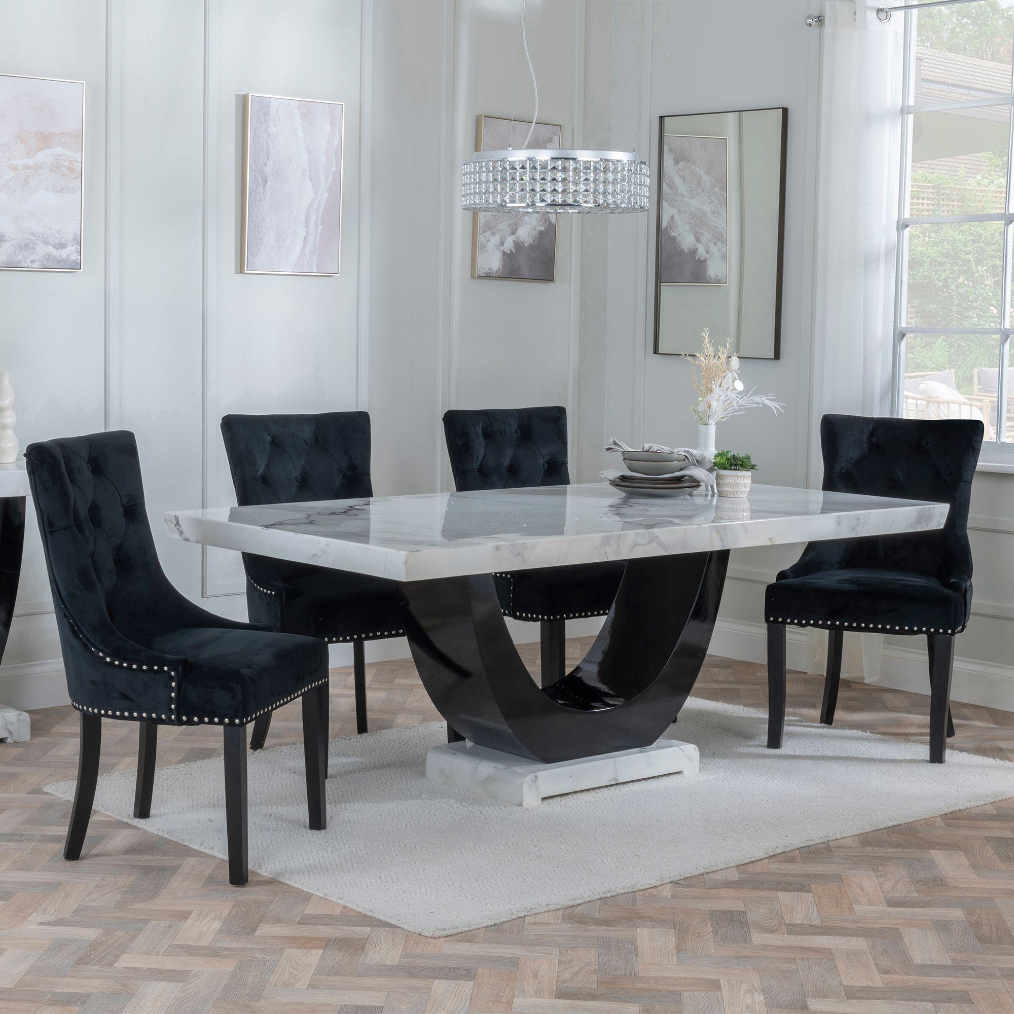 Madrid Dining Set - 6-8 Seater - 160cm-180cm - White Marble - Knocker Back Dining Chairs - Black Velvet Fabric - Black Wooden Legs